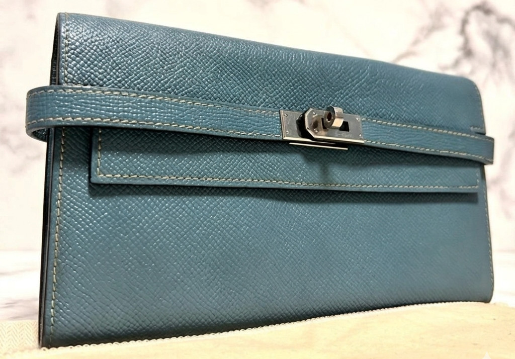 HERMES Paris Kelly Long Wallet Blue Silver Veau Epsom Leather Japan Authentic