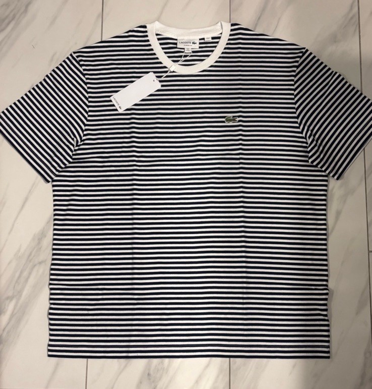 Lacoste Men’s Striped Classic Fit T-Shirt Navy Blue White New