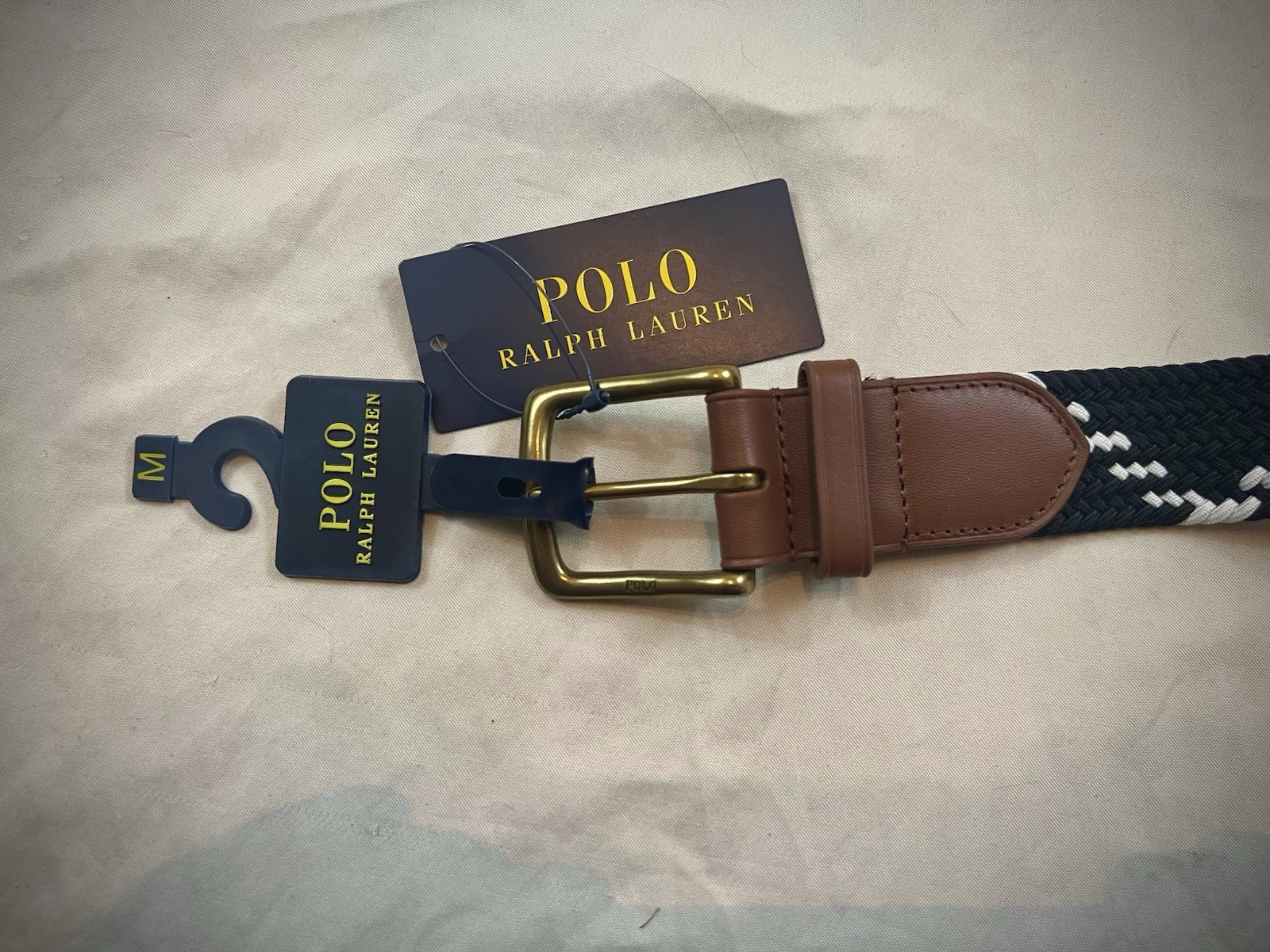 Polo Ralph Lauren Belt Webbed Stretch Cotton Leather Buckle Engraved Logo Size M