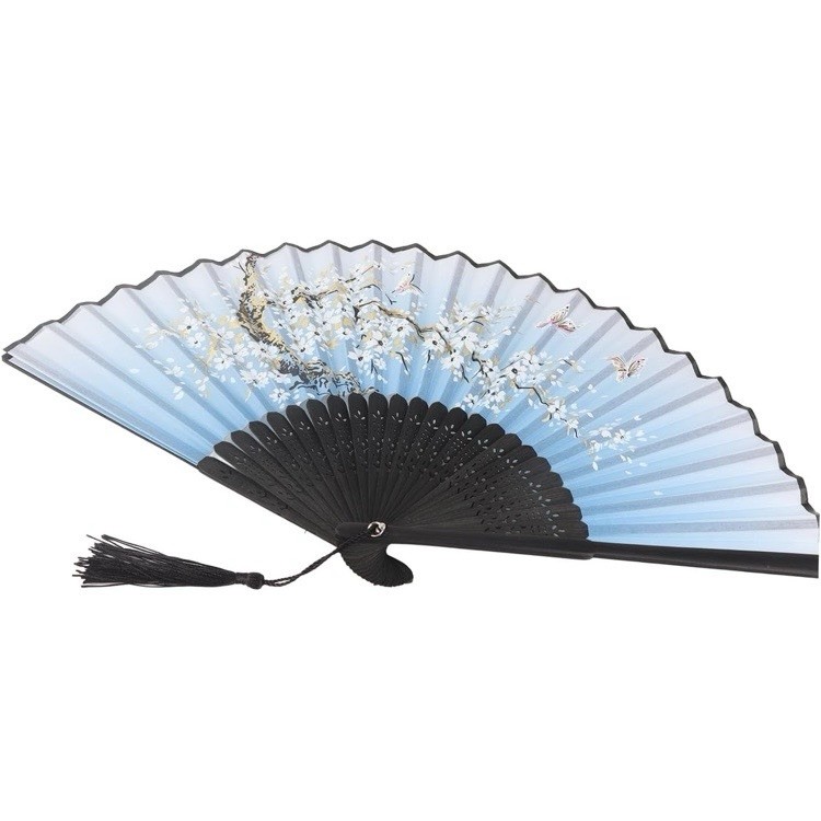 Handmade Blue/Black/White Folding Bamboo Hand Fan Floral Cherry Blossom Tassel