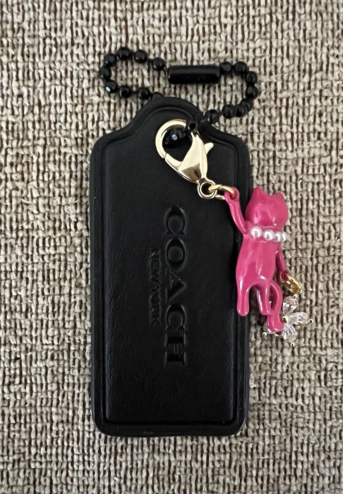 Genuine Coach 2.25” Black Leather Hangtag Pink Kitty Cat & CZ Flower Charm New