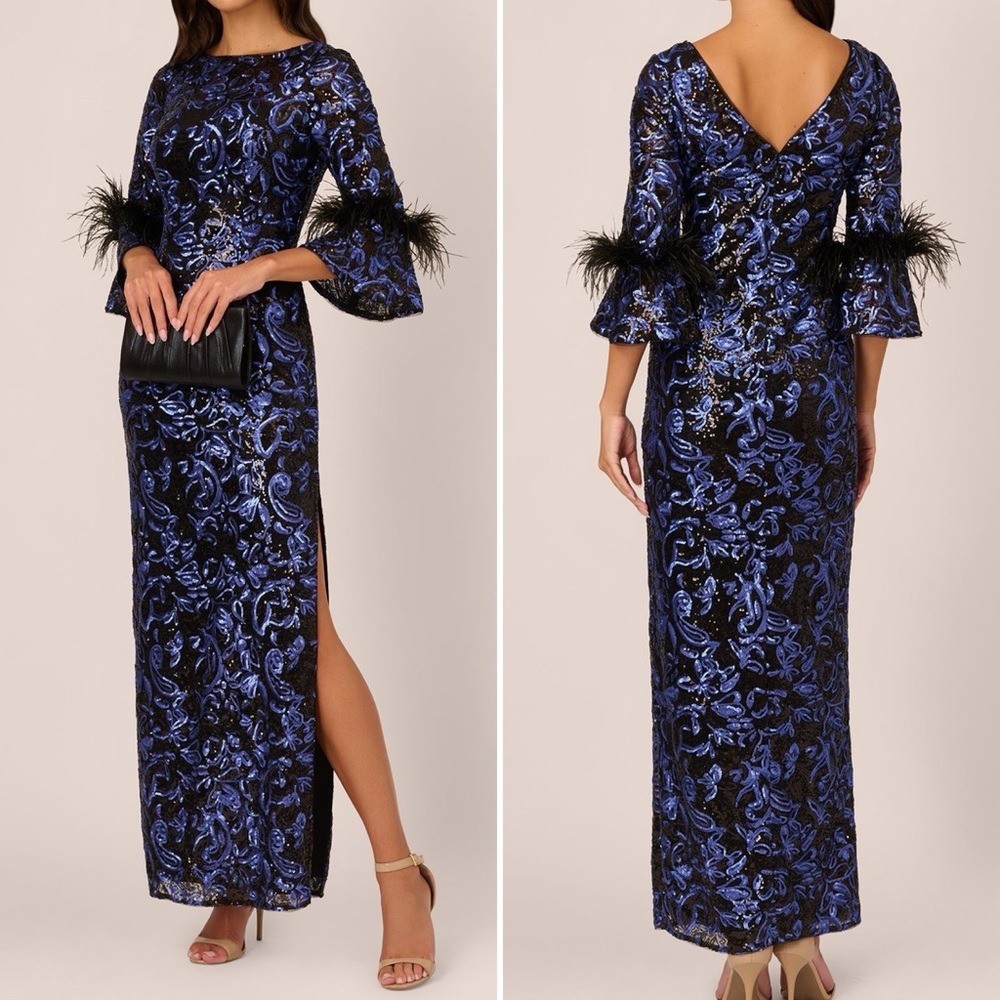 Adrianna Papell Sequin Embroidered Formal Gown In Black Blue Feather Sleeve Sz 2