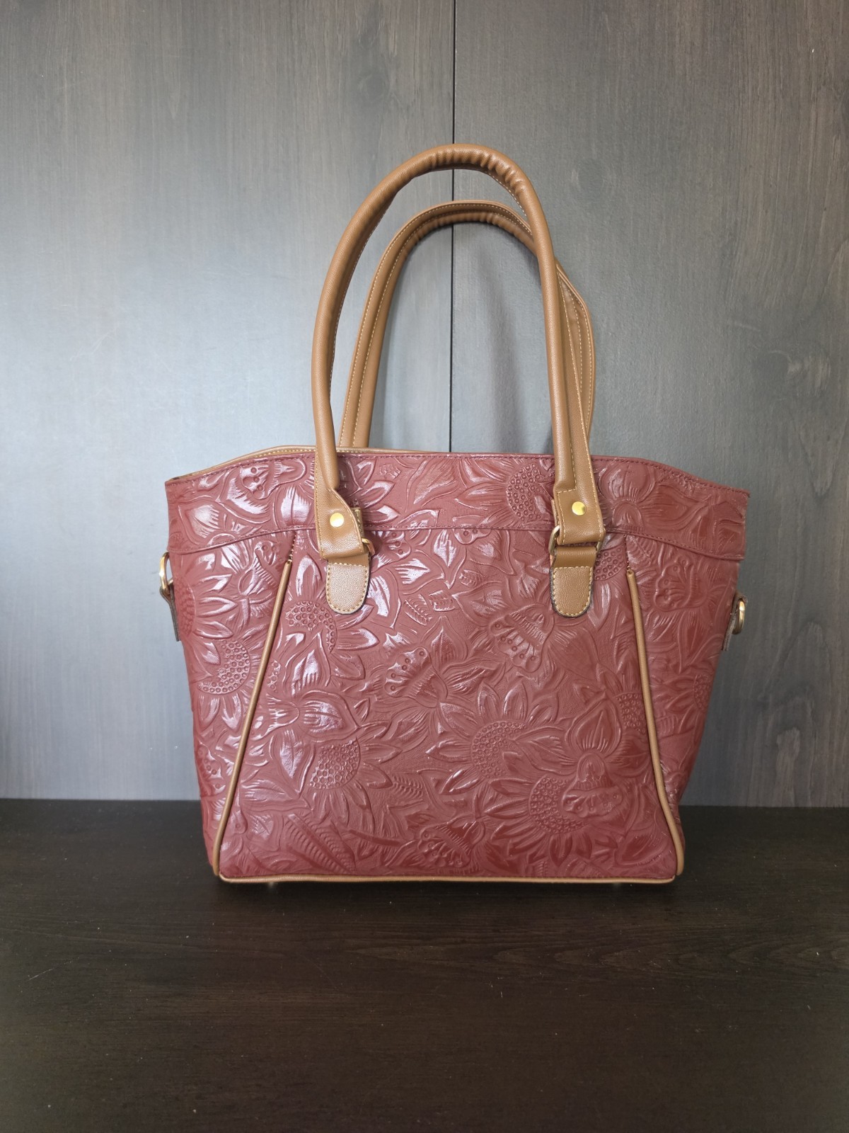 Sunflower Red Wine Brown Embossed Tooled Artisan Mexican LEATHER Purse Handbag