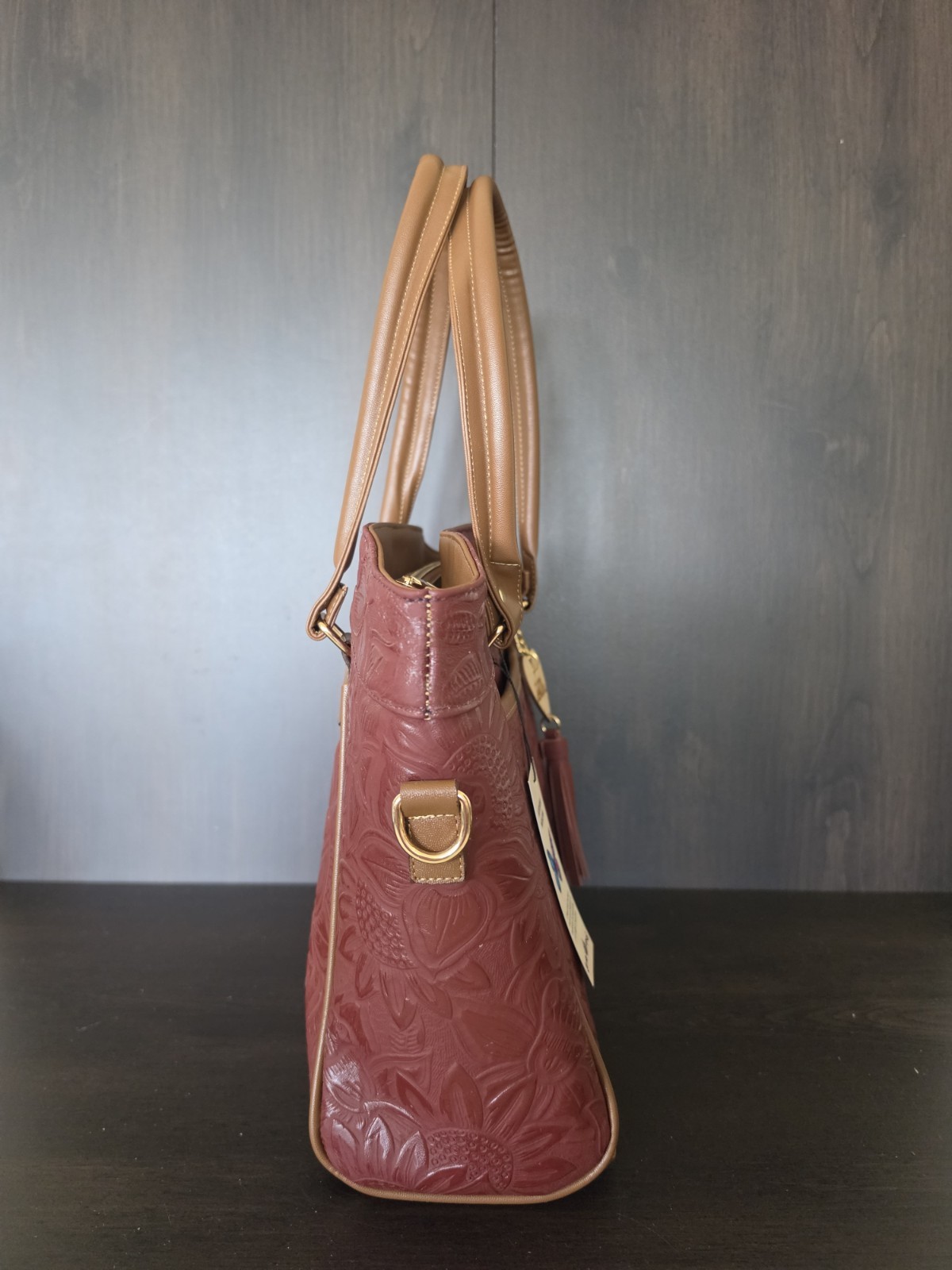 Sunflower Red Wine Brown Embossed Tooled Artisan Mexican LEATHER Purse Handbag