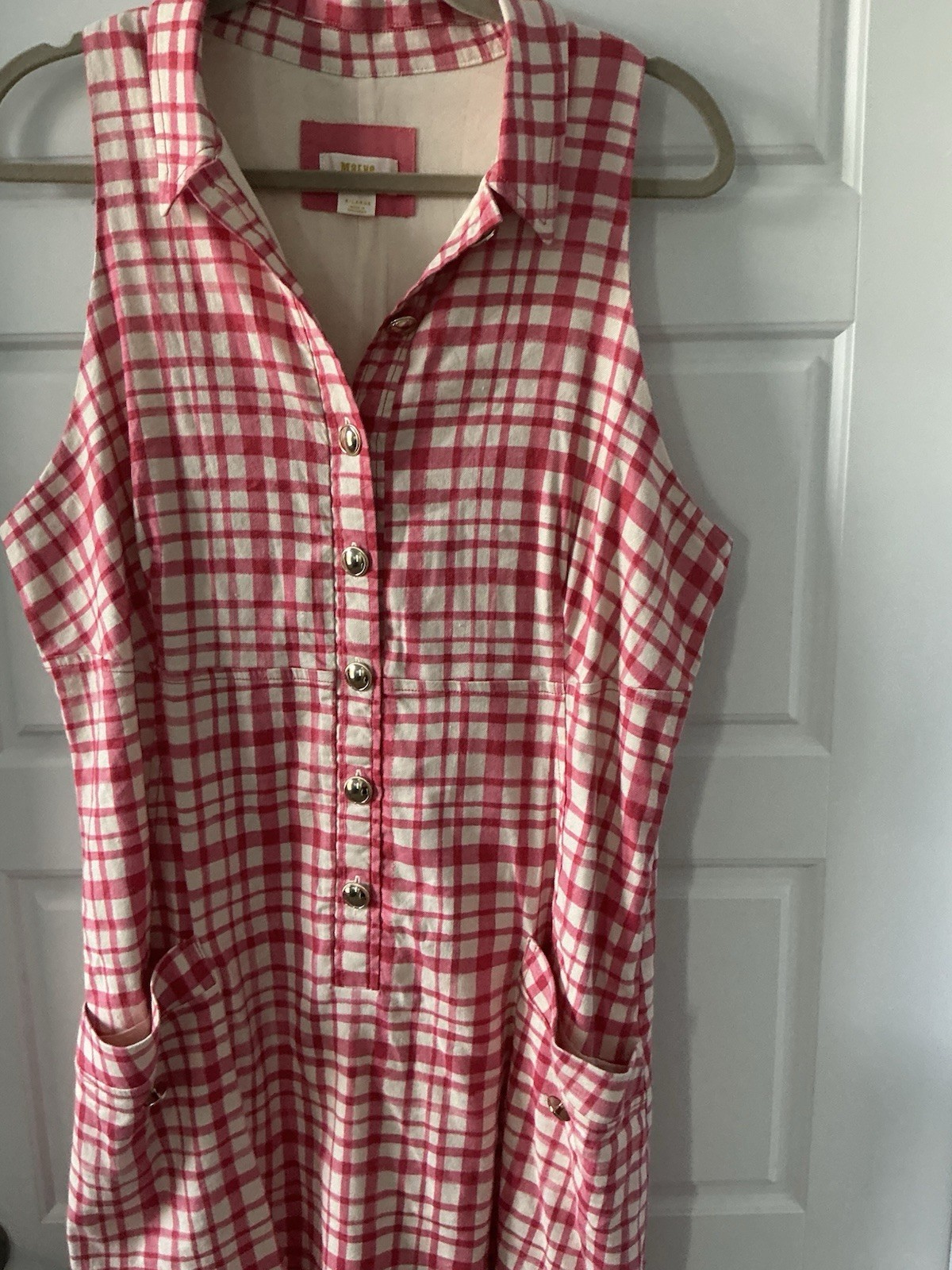 Maeve Pink/White Gingham Collared Shirt Dress Button Front Pockets Lined XL
