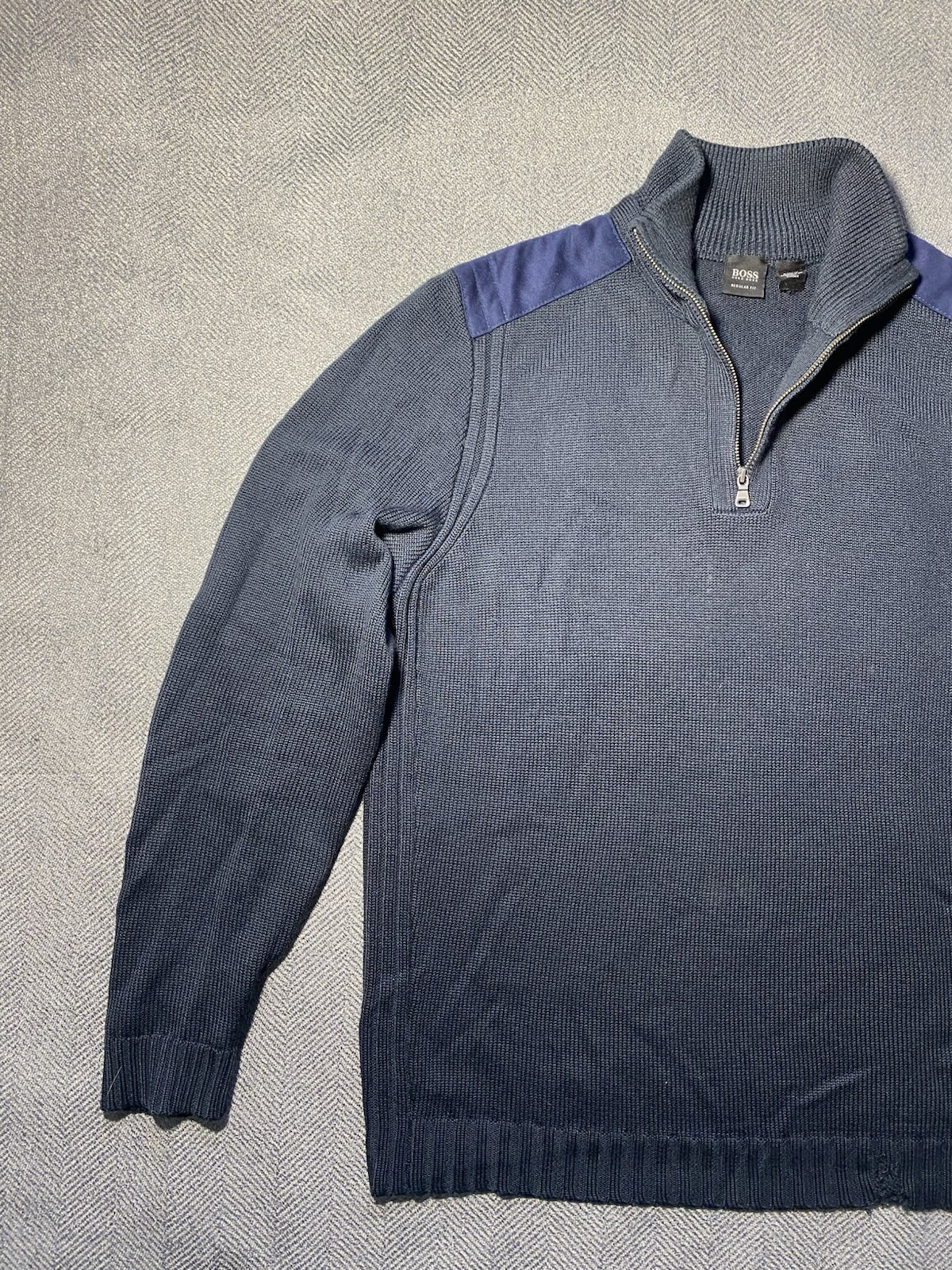 Hugo Boss Sweater Mens L Navy Quarter Zip Wool Elbow Patch Knit