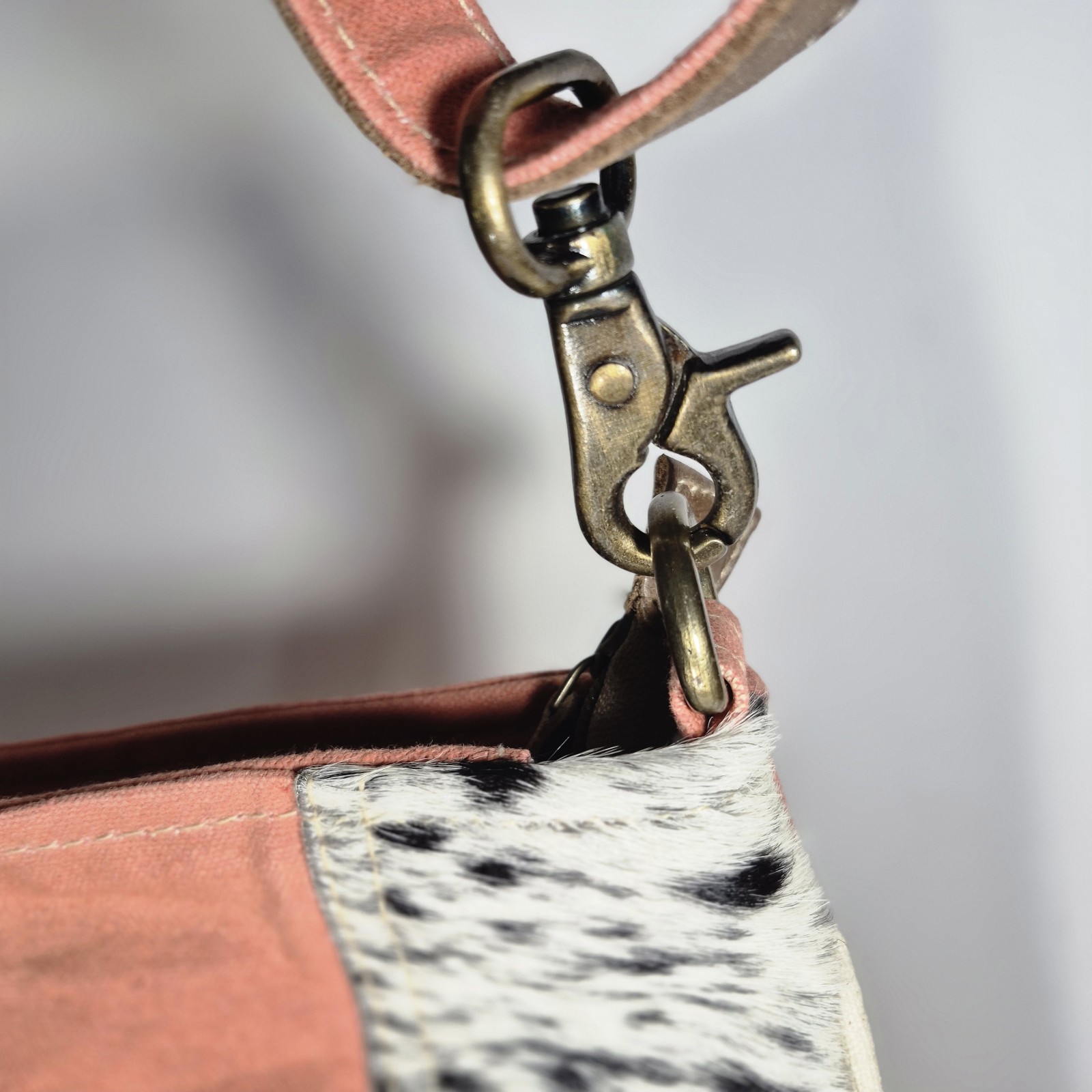 Clea Ray Upcycled Canvas Crossbody Bag Cowhide Handmade With Love Coral Adjust