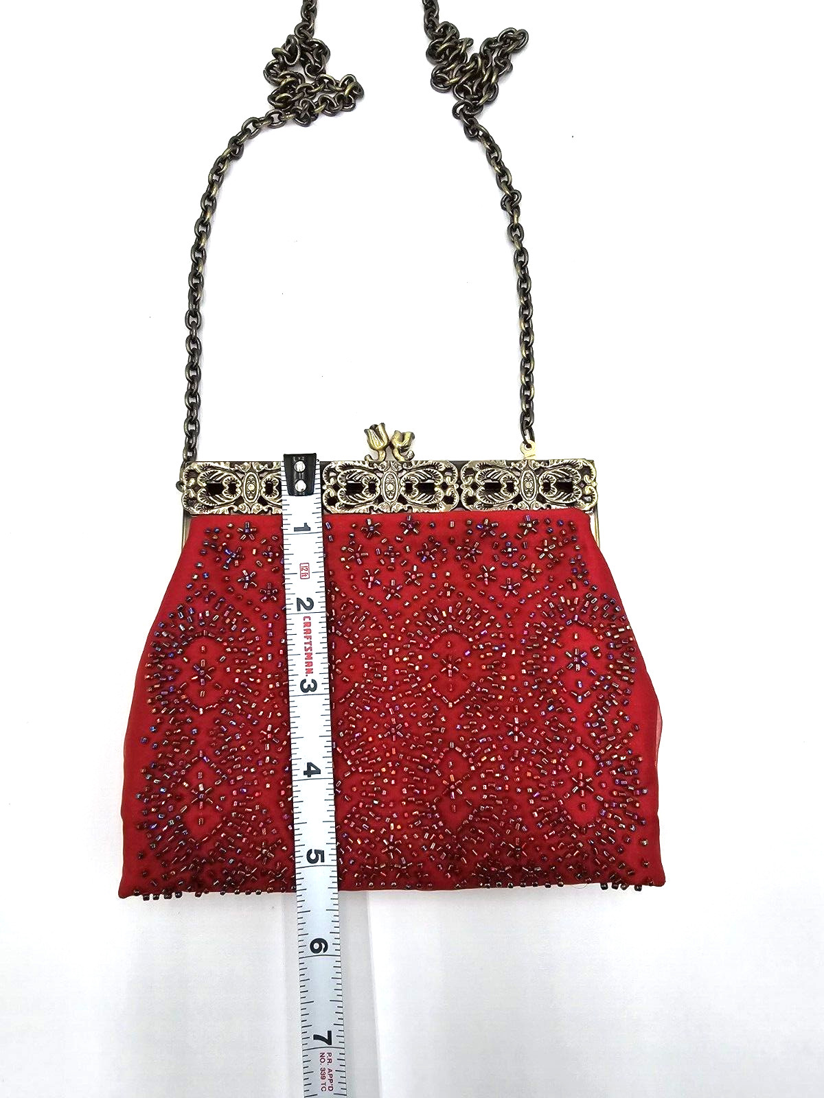 Inge Christopher Luxury Evening Mini Beaded Bag Brass Chain Strap Copper Red