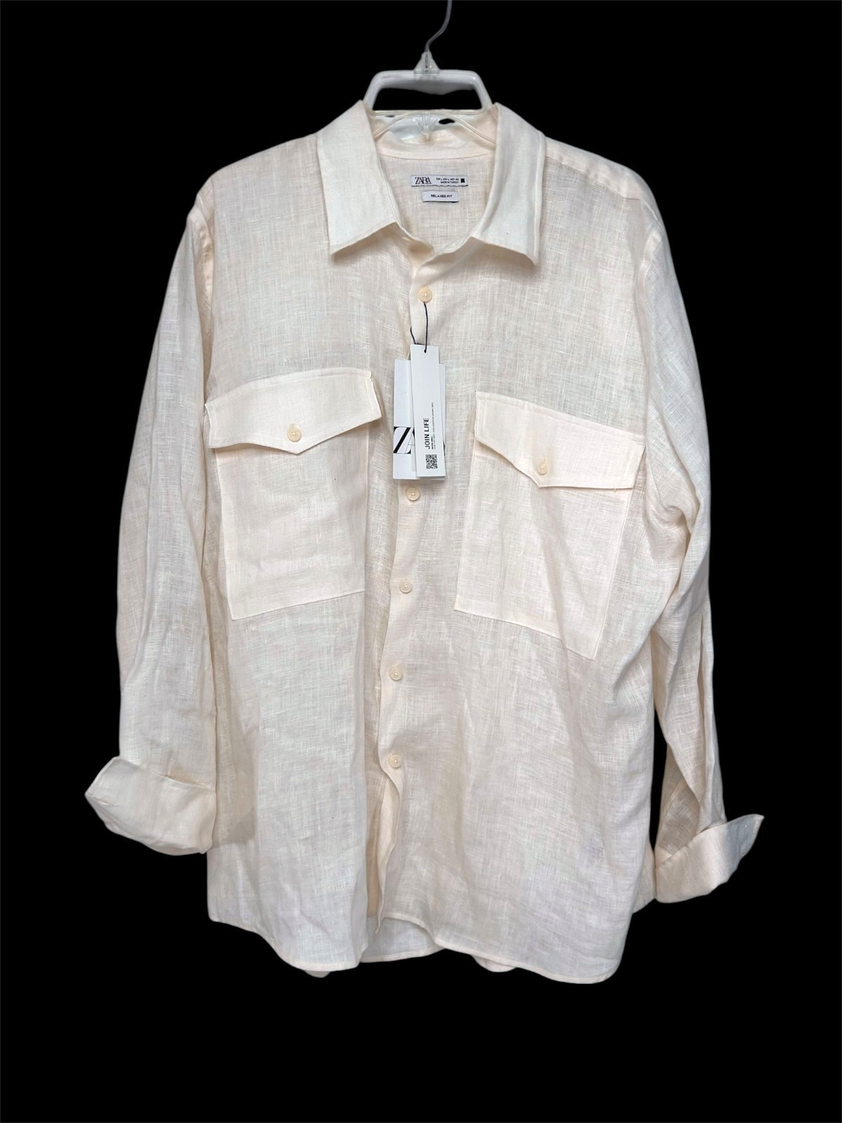 Zara Men’s 100% Linen Shirt Cream Colored Relaxed Fit Button Flap Pockets Size L