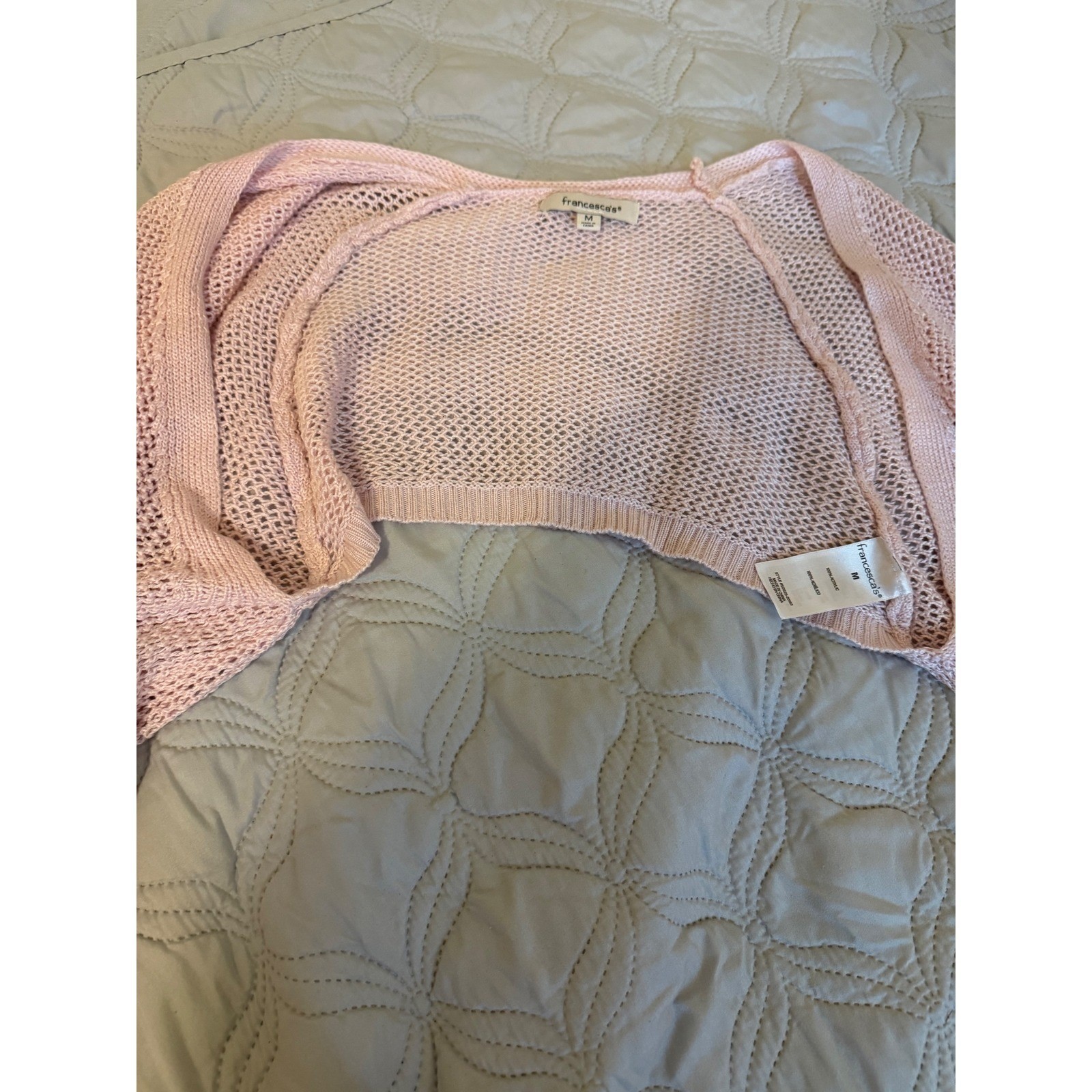 Francesca’s Blush Pink Open Knit Cropped Bolero Shrug Sweater Size Medium