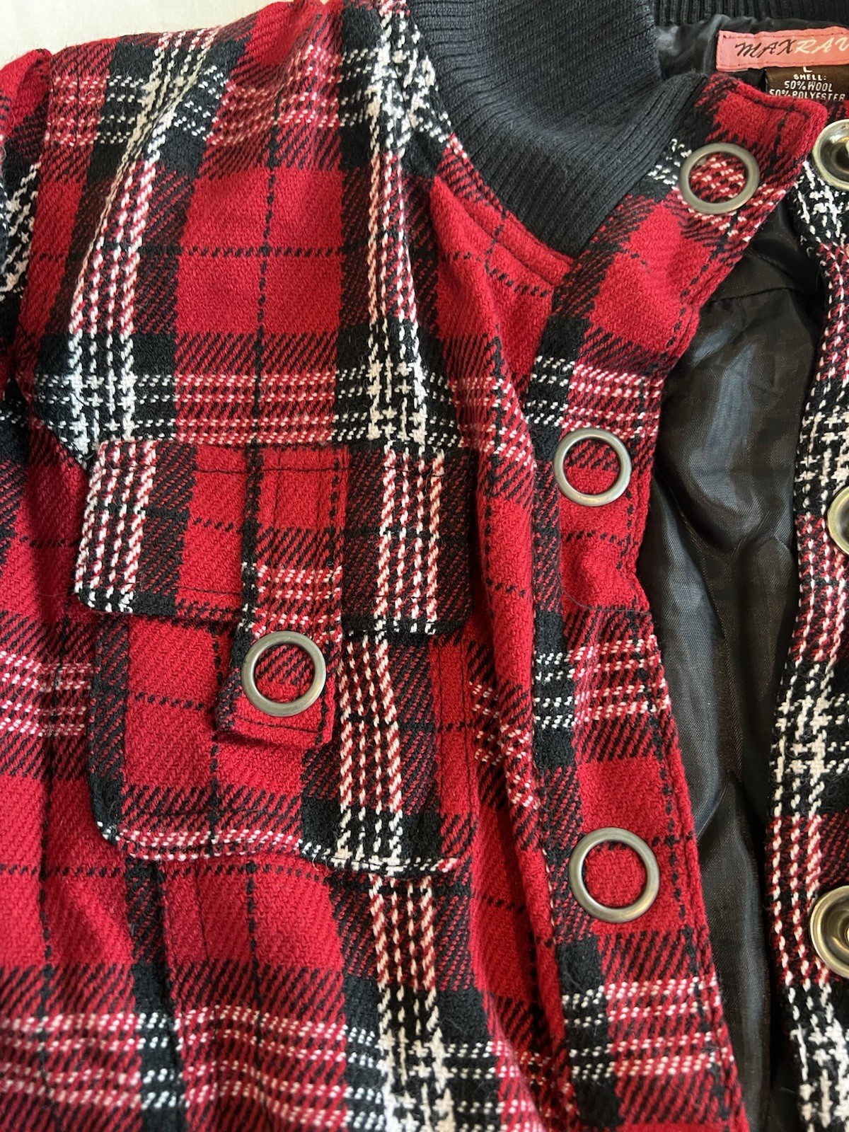 Vintage Red Black Plaid Bomber Jacket Snap Front Ribbed Trim Retro Punk L