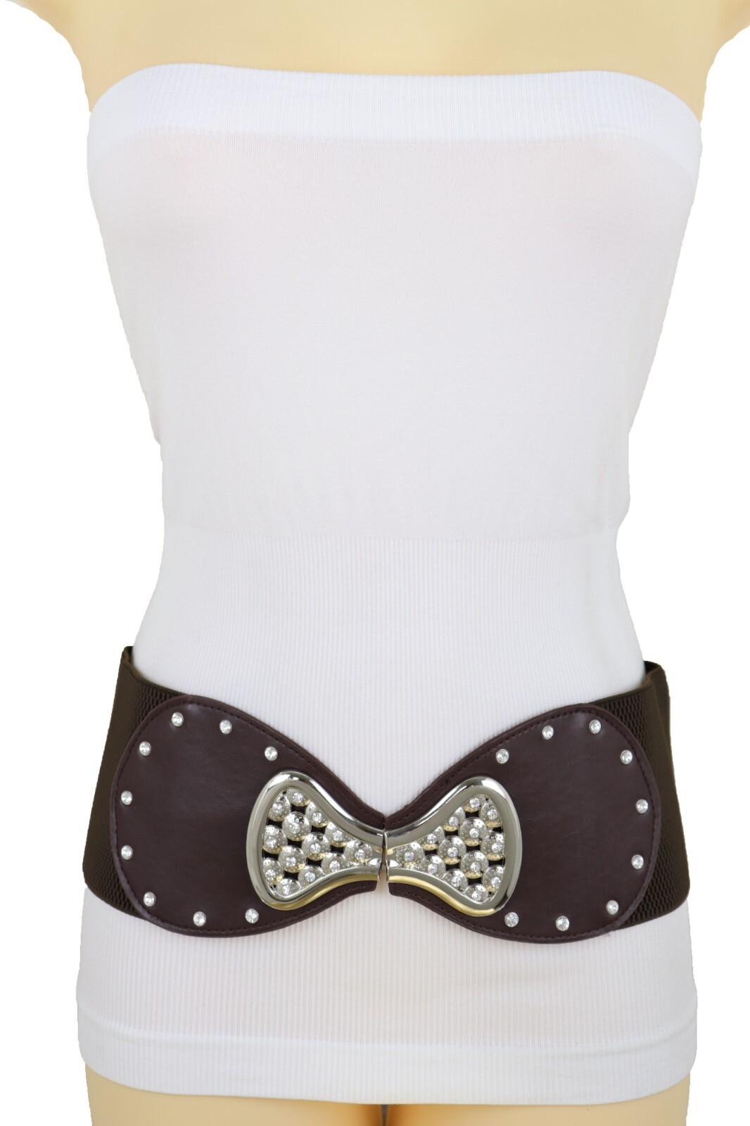 Women Dark Brown Wide Elastic Gift Present Belt Silver Metal Bow Tie Buckle S M