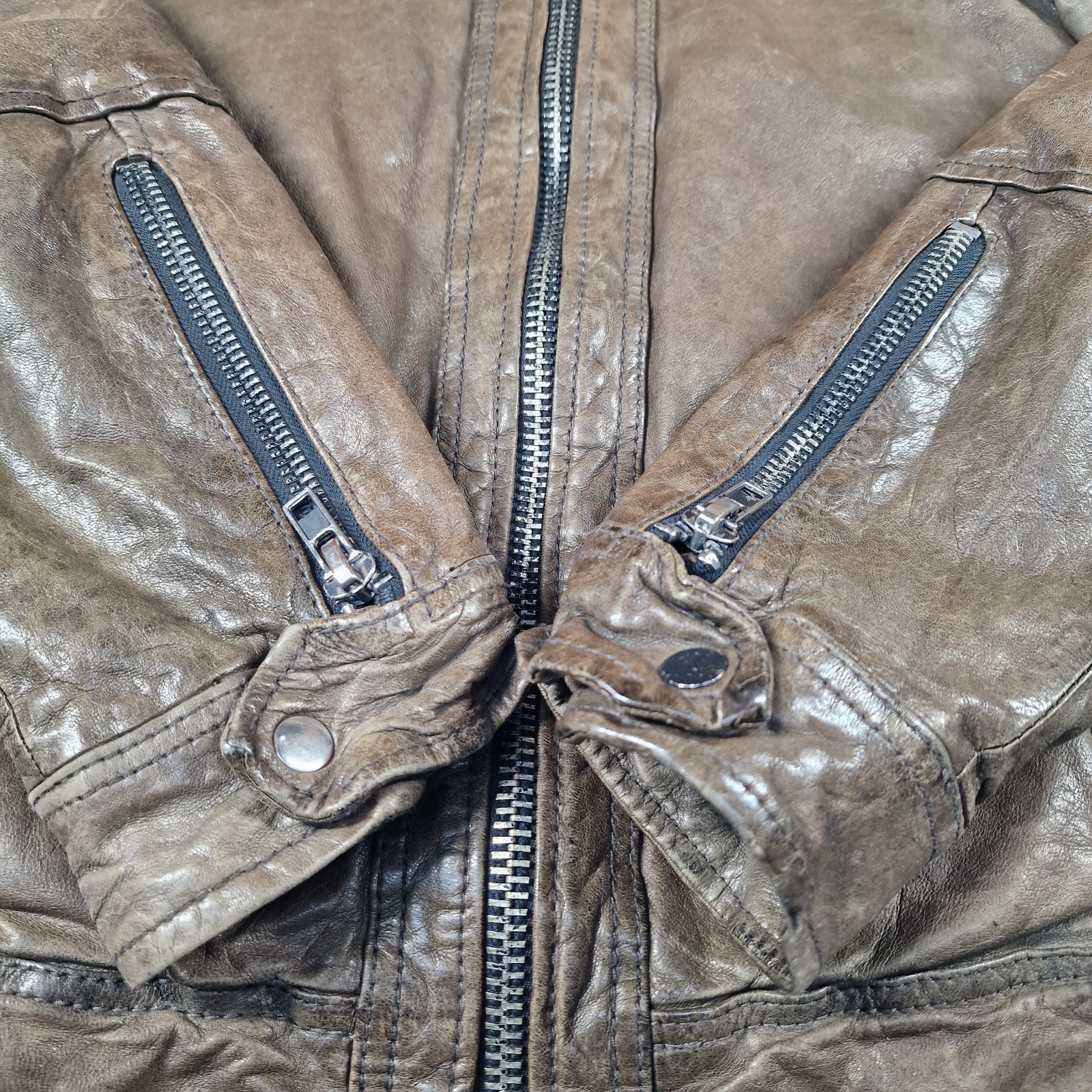 AllSaints Spitalfields Brown Distressed Leather Biker Jacket Mens Medium Pockets