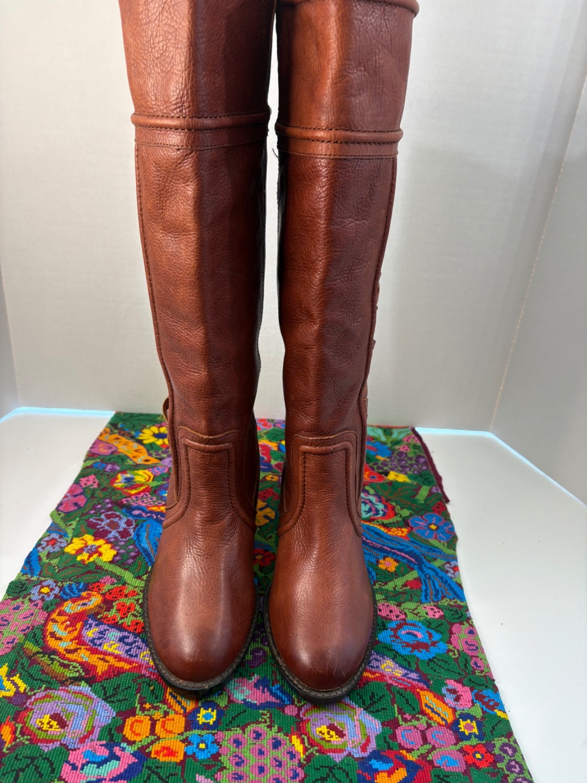 Fossil Knee High Brown Leather Woven Side Panels Riding Boots 9US/7UK/40EU NWOB