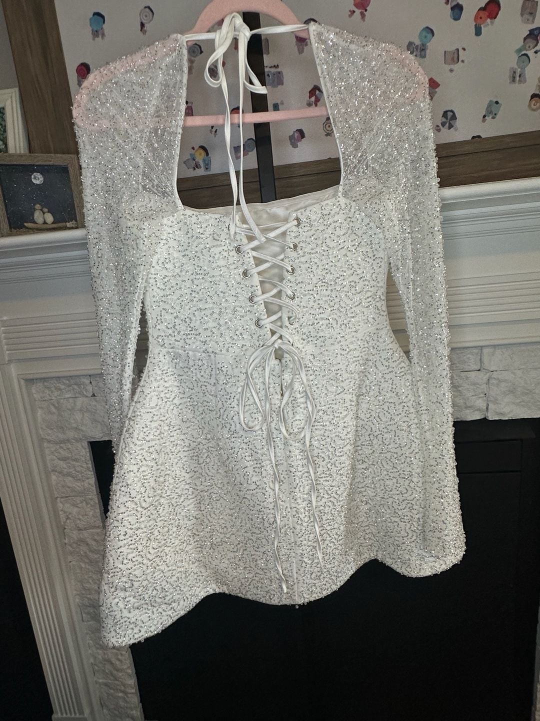 Stunning NWT Babyboo Annabelle Mini Dress Ivory Sparkle Long Sleeve Lace-Up Back