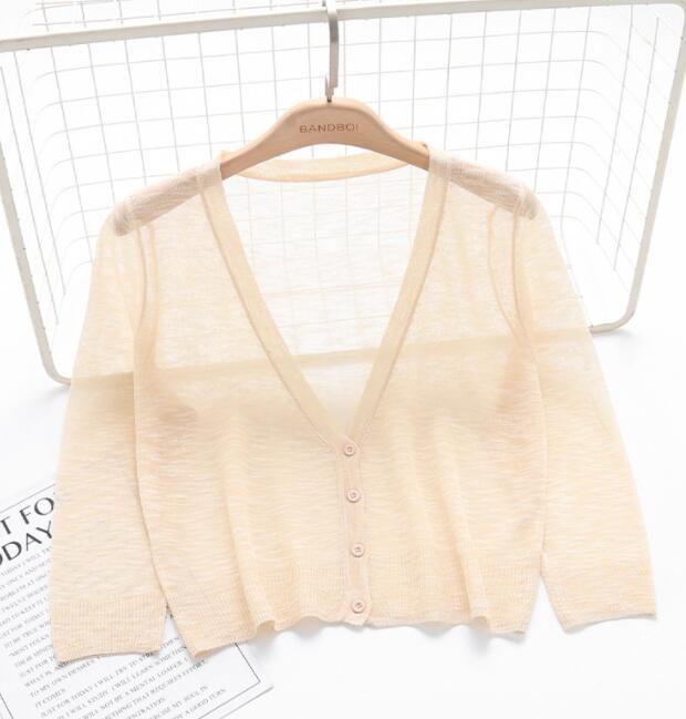 Women Sweater Shrug Crop Top Coat 3/4 Sleeve Knit Cardigan Button Down Sheer