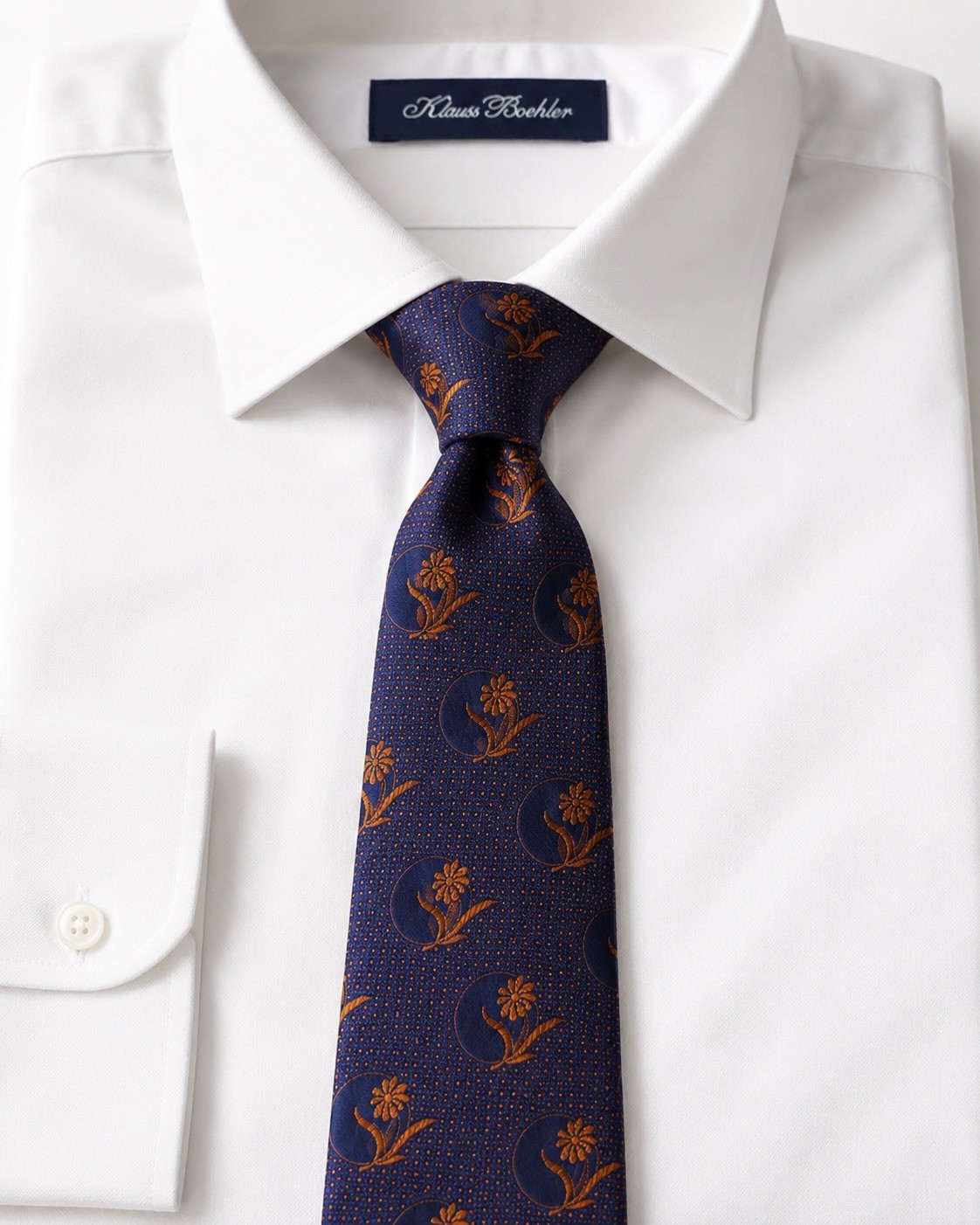 Klauss Boehler 100% Italian Silk Tie Navy Copper Orange Floral Medallion NWT