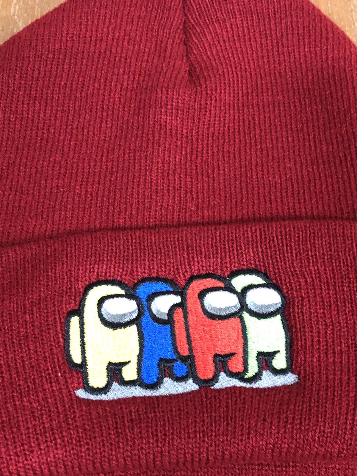 NWOT Embroidered Among Us MAROON Cotton Cuffed Knit Beanie Hat
