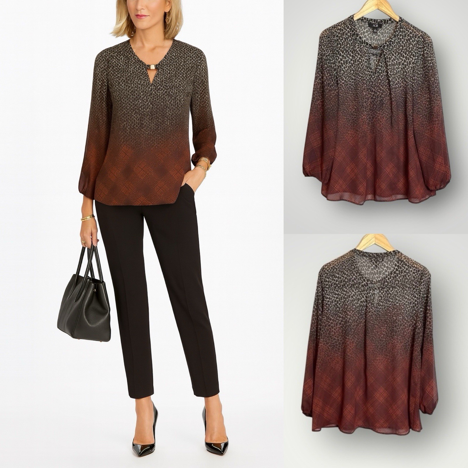 AGB Cheetah Plaid Print Ombre Top Womens Size Large Long Sleeve Semi Sheer Lined