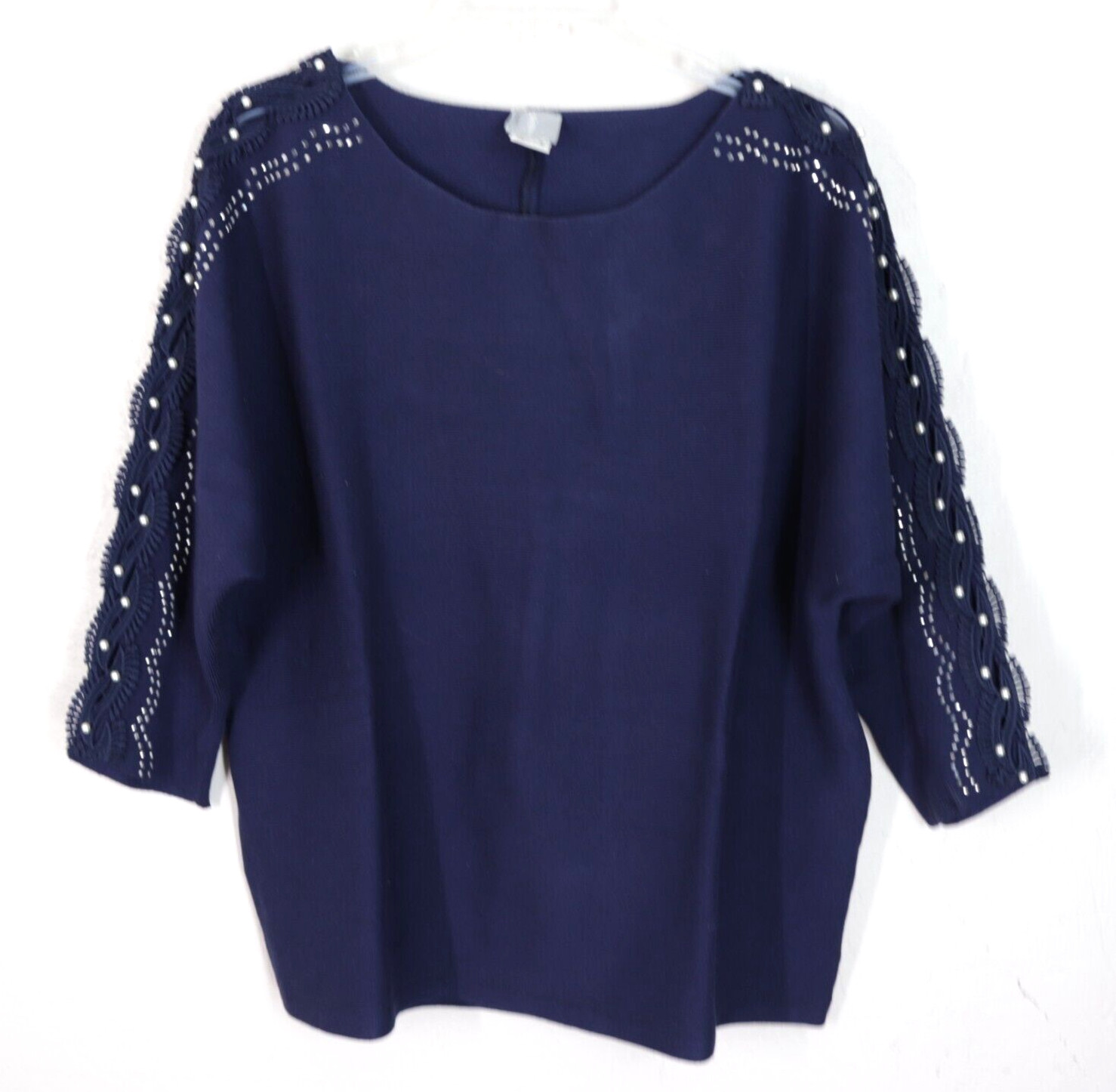 Fair Lady Knit Top 18 Plus Navy Blue Embellished Lace Sleeves Boat Neck Pullover