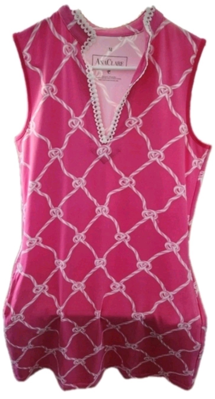 Ana Clare Pink White Rope Print Shift Dress M Sleeveless Lace Trim Preppy Resort