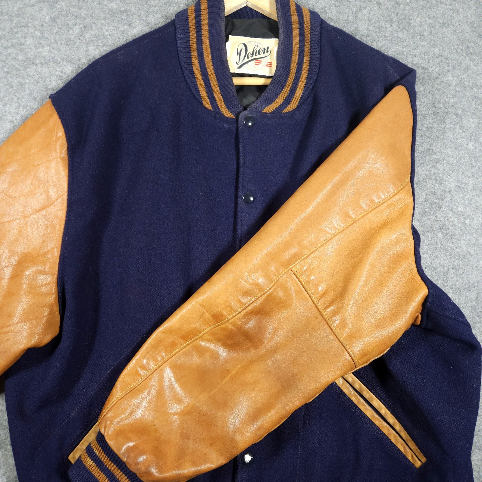 Dehen Varsity Jacket Mens XL Wool Brown Leather Made in USA Ford Logo Portland