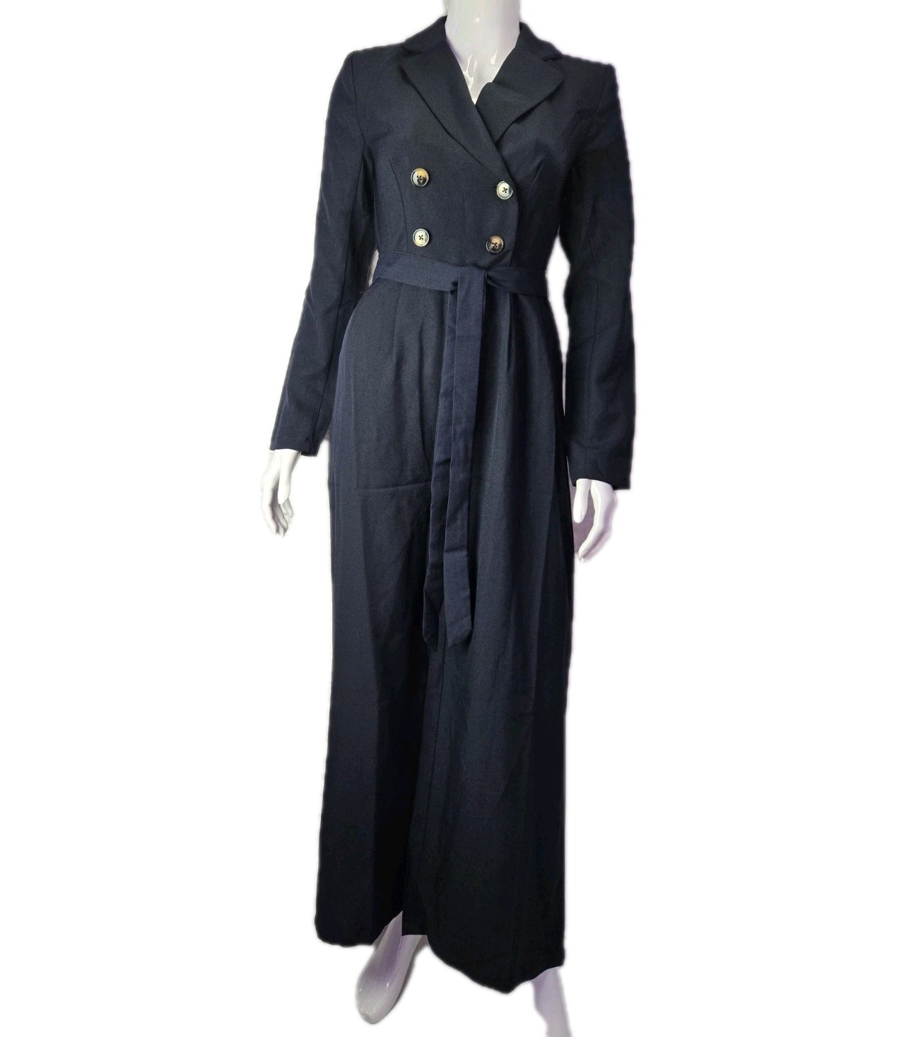 Women’s Chic Black Turn Down Collar Elegant Double- Brested Jumpsuit Sz: S