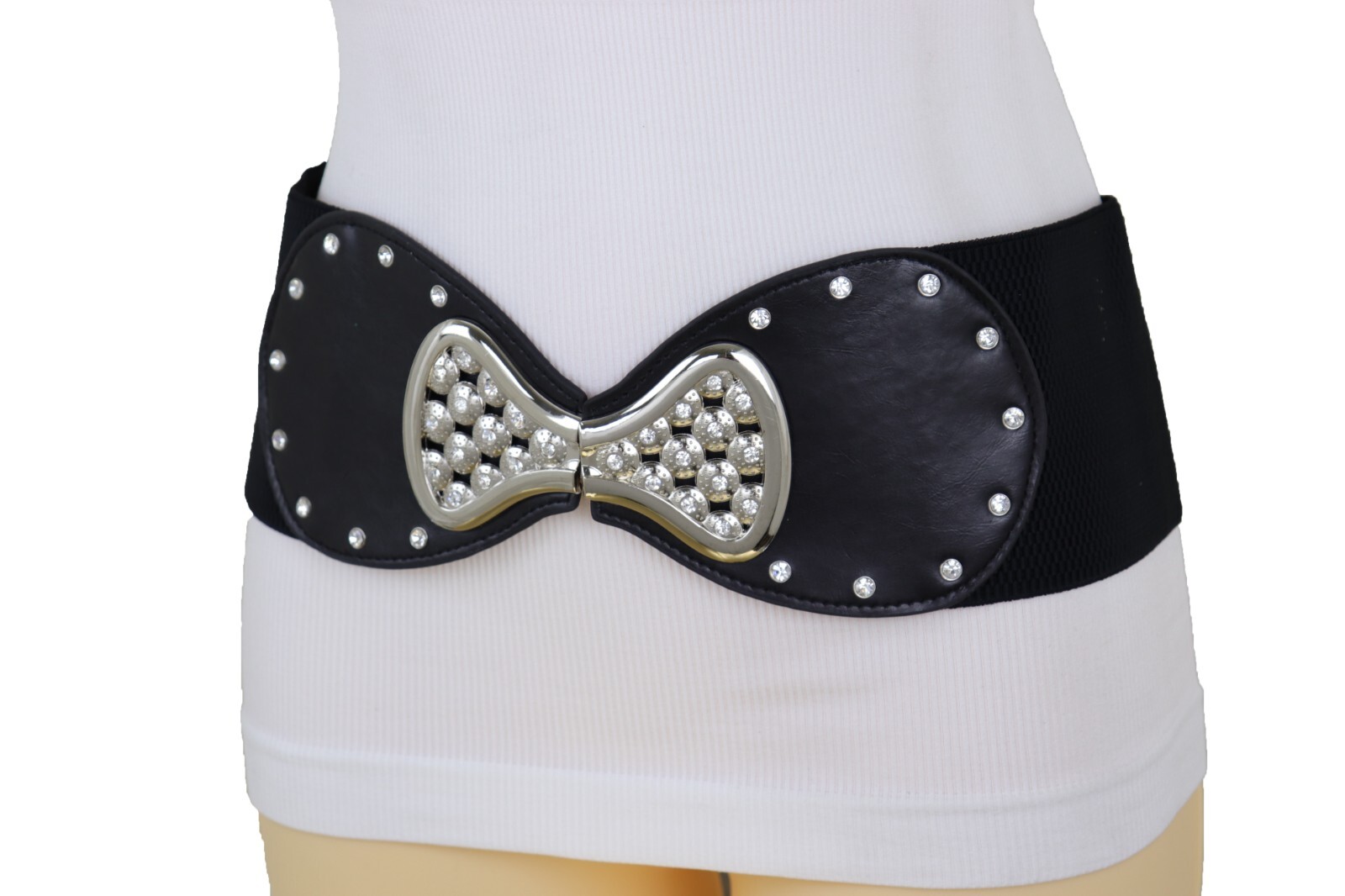 Women Wide Black Elastic Gift Present Belt Bling Bow Tie Ribbon Buckle Size S M