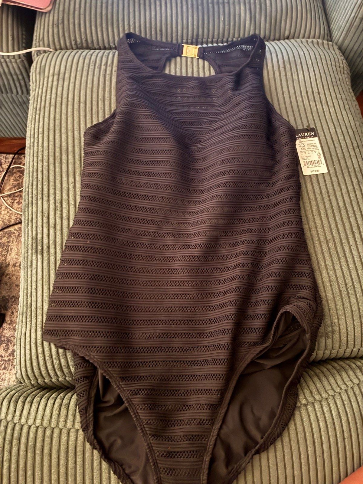 NWT Lauren Ralph Lauren Black Ottoman Boatneck Mesh One Piece Swimsuit 16
