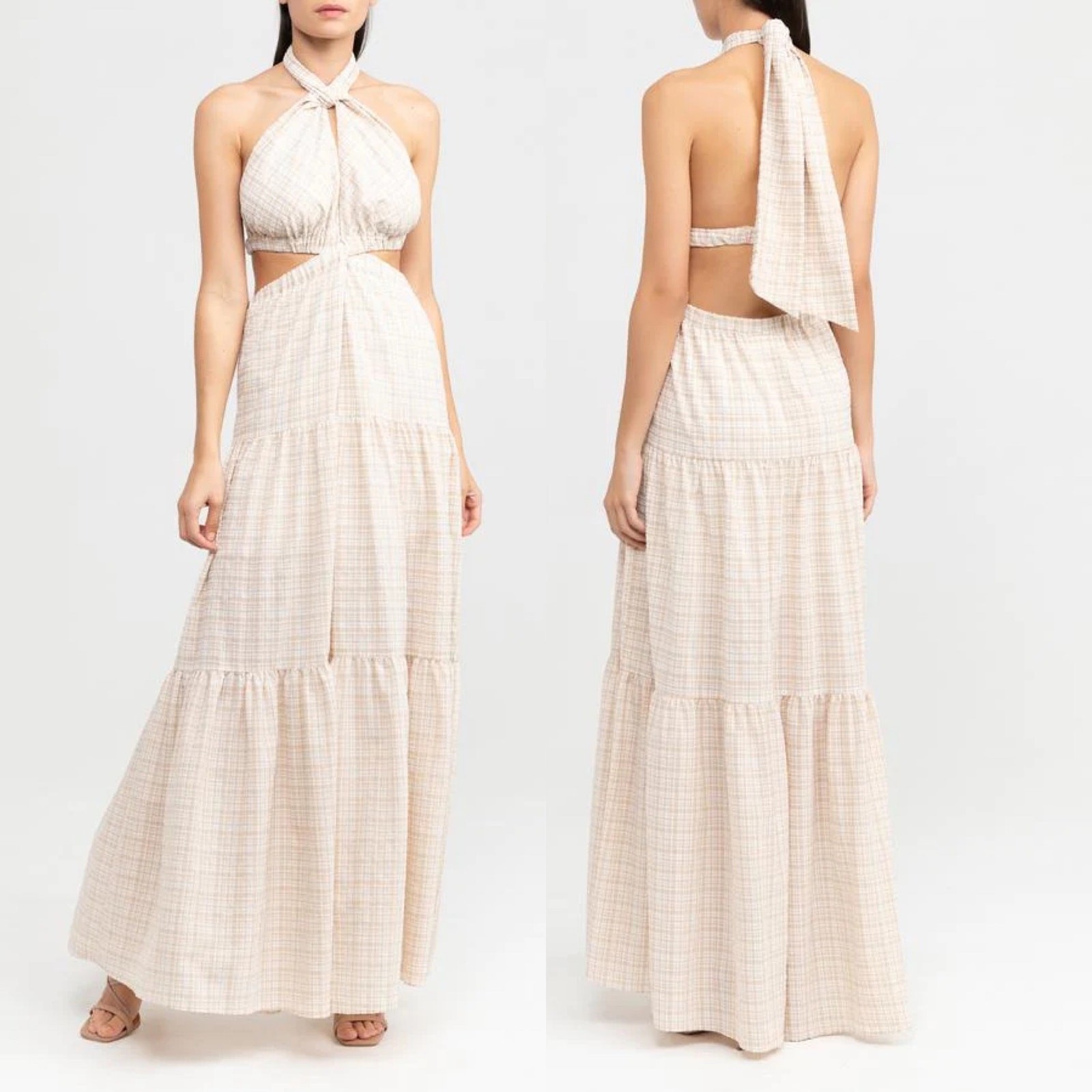 NWT Significant Other Clementine Cutout Gingham Plaid Maxi Dress Almond Chalk 8