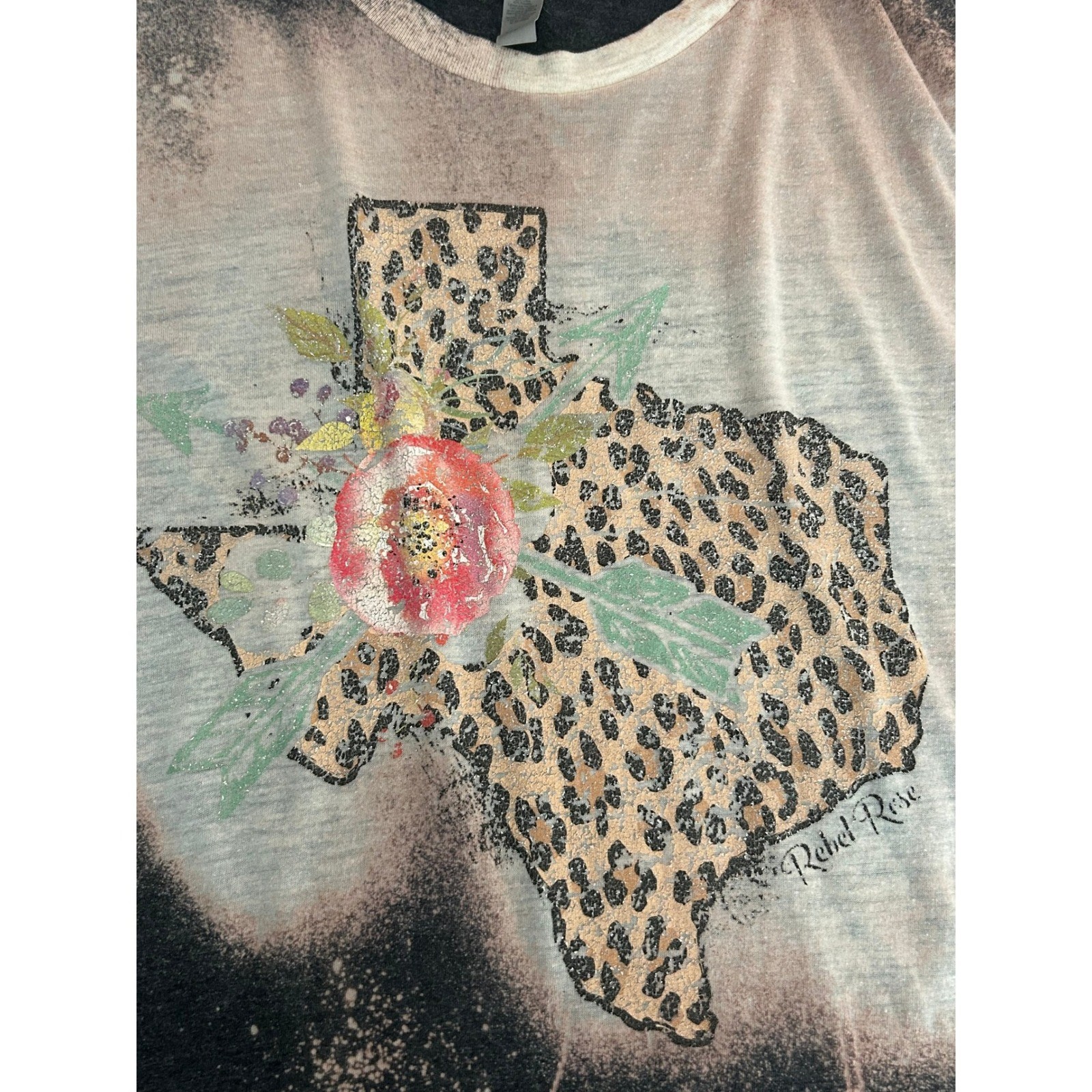 Next Level Rebel Rose Texas Leopard Floral Bleached Graphic T-Shirt Gray L 1357