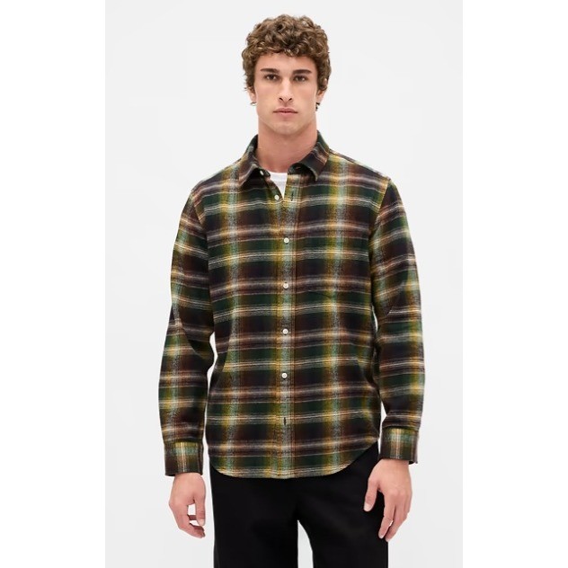 Gap Flannel Shirt Mens L Black Shadow Plaid Organic Cotton Relaxed Fit