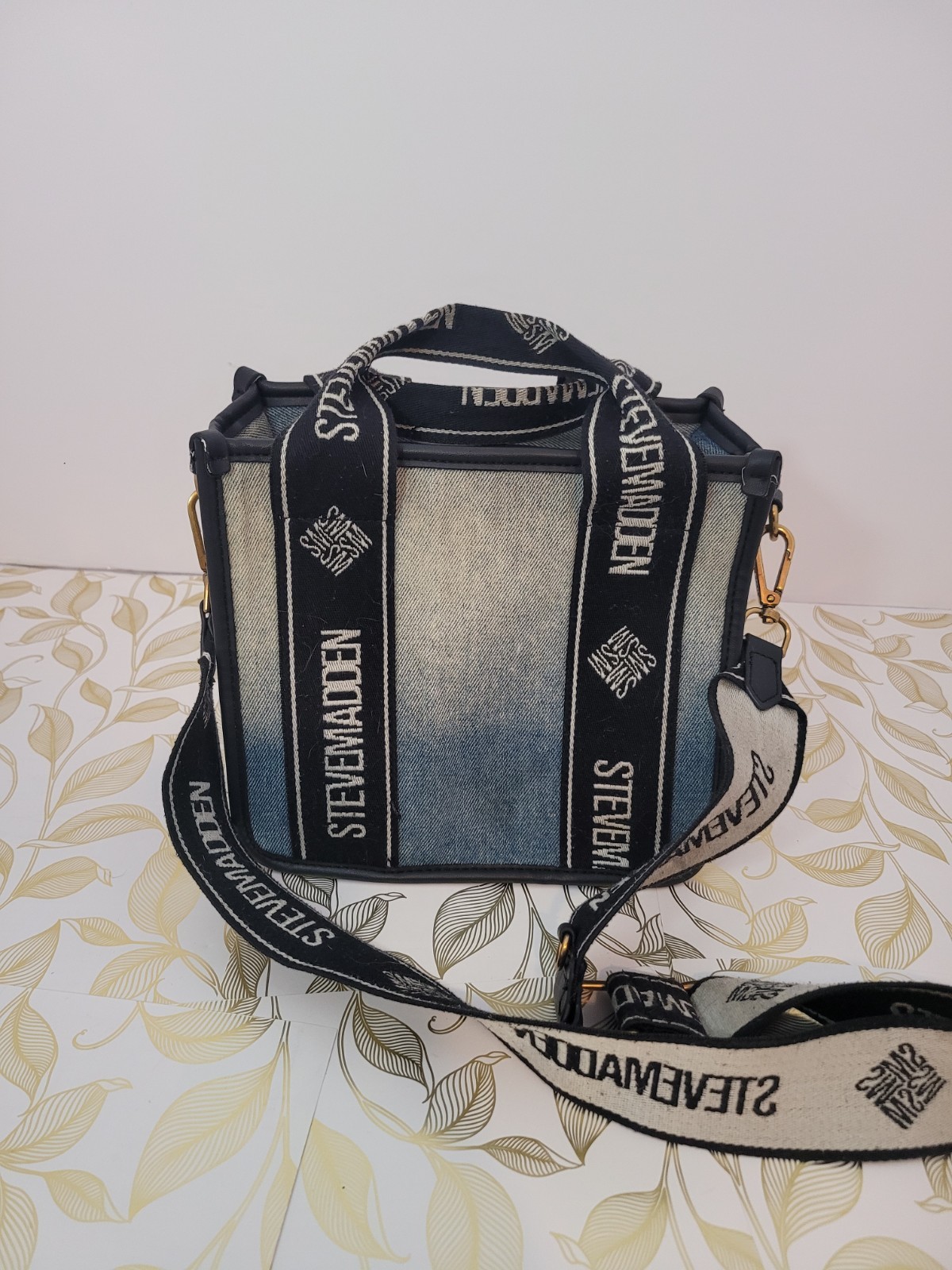 Steve Madden Denim Ombré Crossbody Or Handle Purse Handbag Black Logo Strap