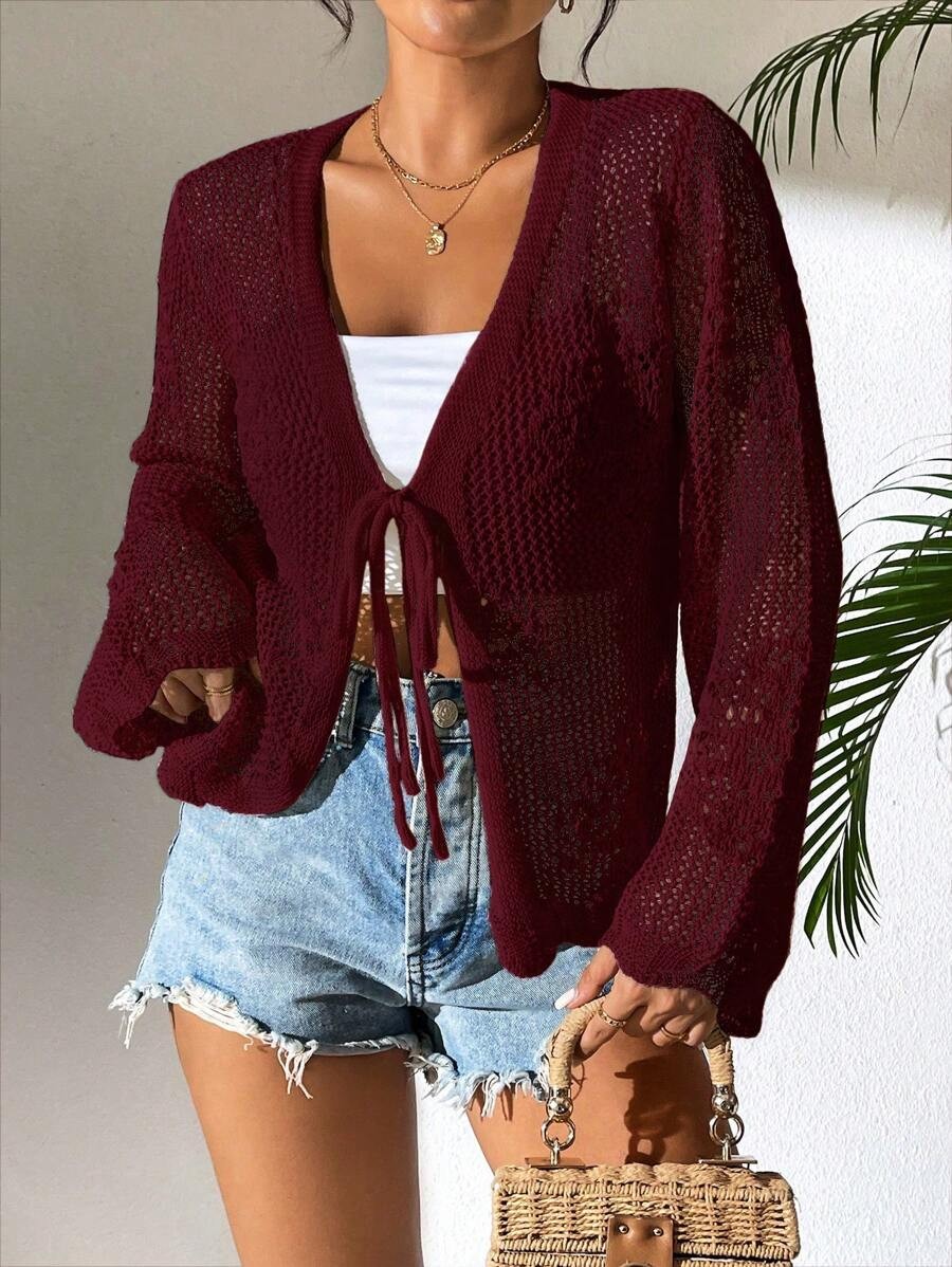 Women’s White Tie Front Cardigan Openwork Crochet Beach Cover Up Sweater