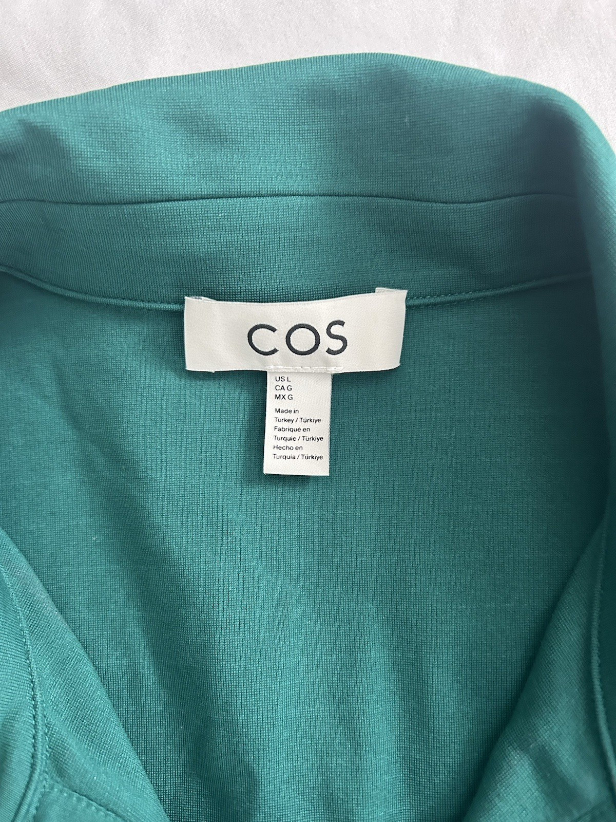 COS Ruched Button Front Collared Midi Sheath Dress Womens Size Large Green Class