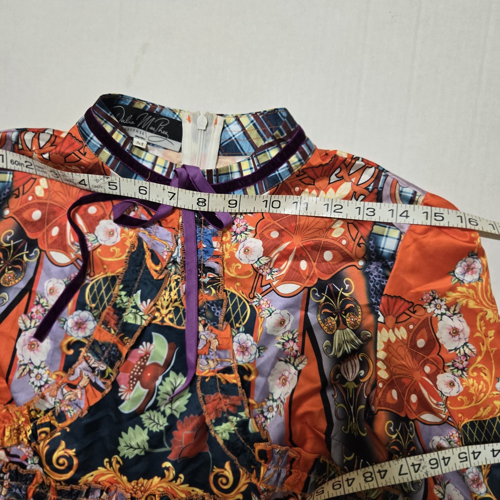 Dalia MacPhee Orange Multicolor Floral A-Line Dress High Neck 3/4 Bell M