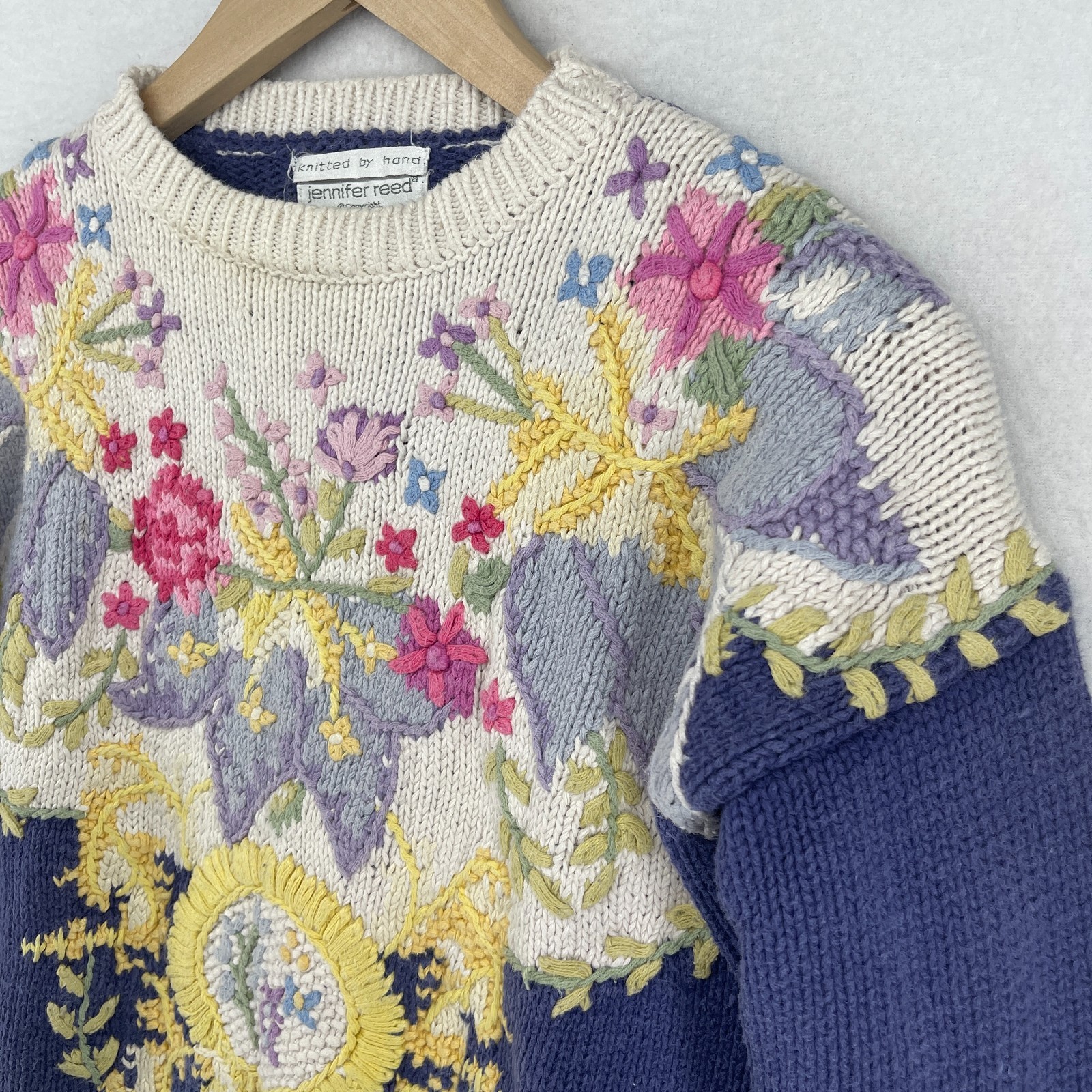 JENNIFER REED Sweater S Cottagecore Floral 80s Handknit Ramie Cotton Blue HK VTG