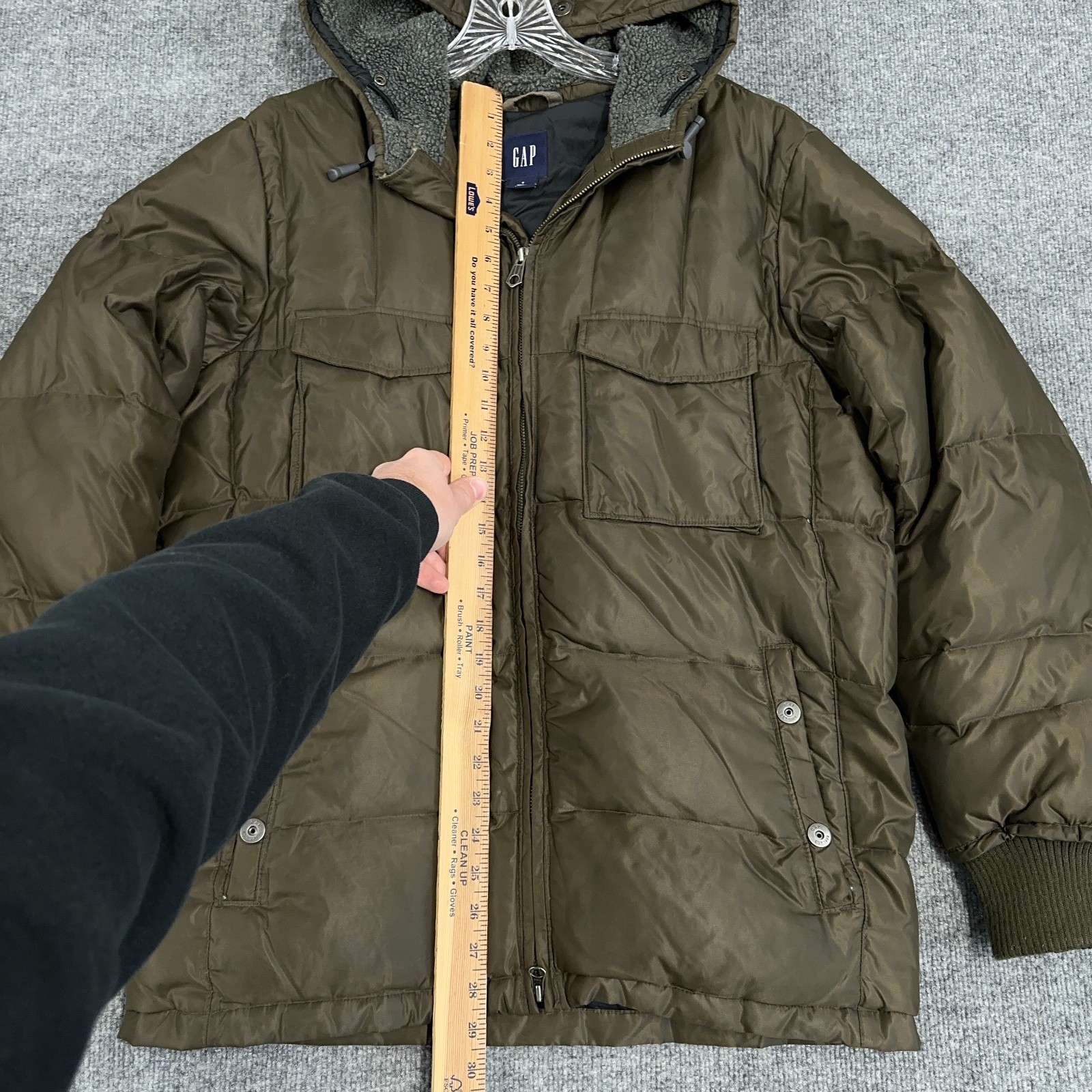 GAP Parka Coat Men Small Olive Green Military Puffer Jacket Down Hood Lined