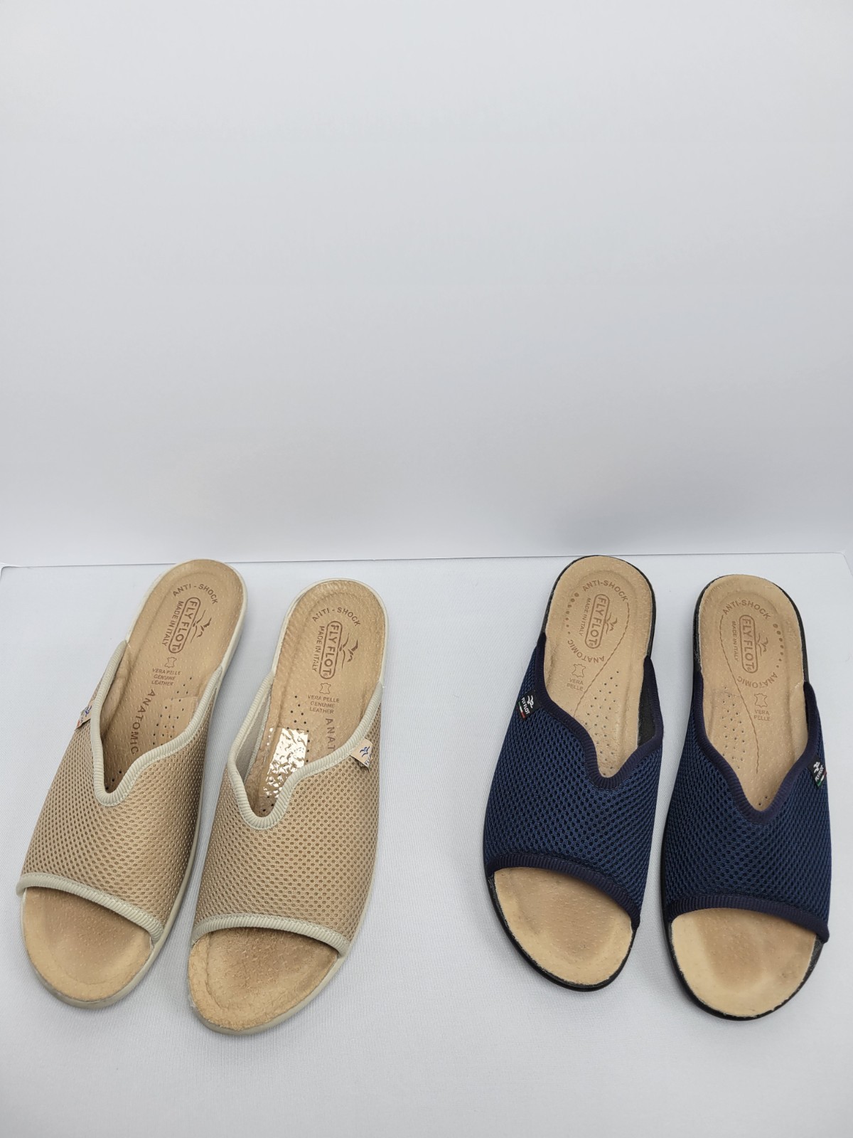 Fly Flot Two Pairs Beige & Navy Italian Leather Slide Sandals Size US 8
