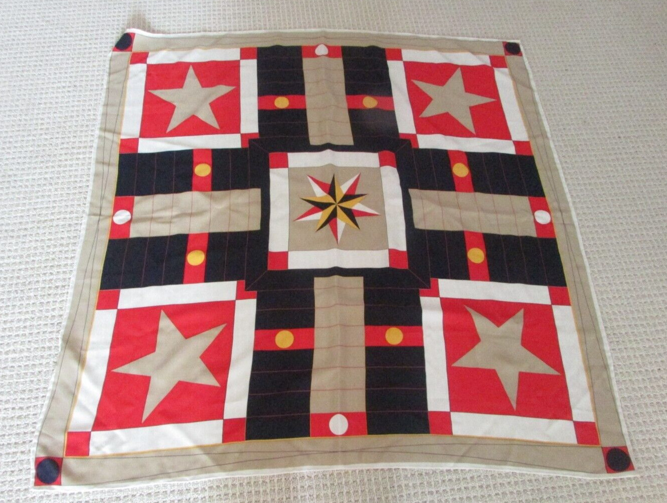 100% Silk Scarf 42″x42″ Red, Navy, Beige, White, Yellow Nautical (?) Design #255