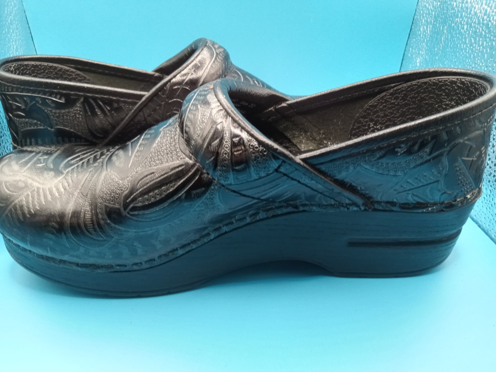 Dansko Clogs Womens 37 EU 6.5 US Antique Tooled Leather Black Paisley Shoes