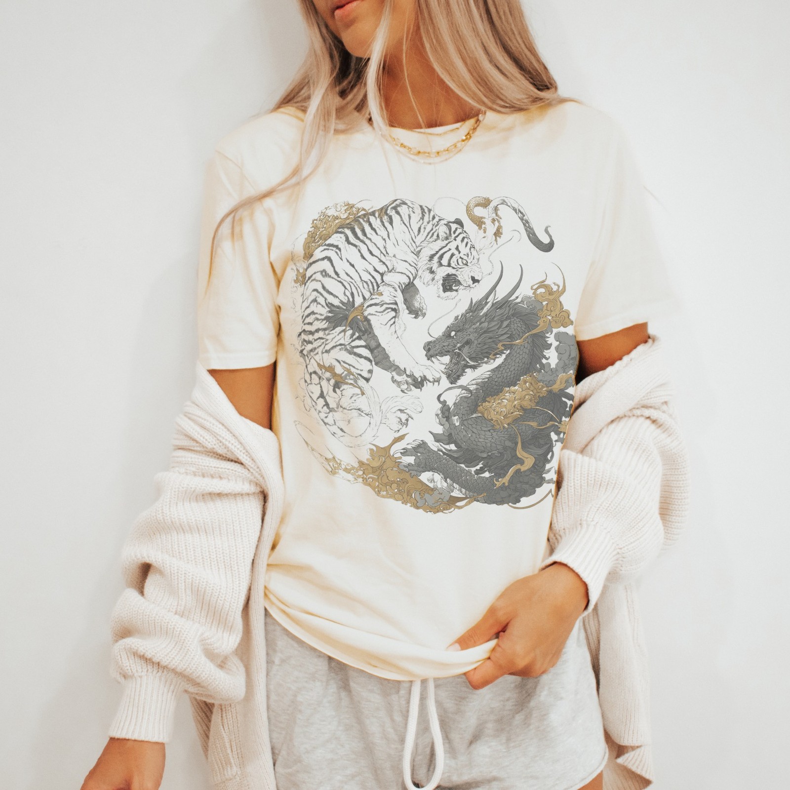 Tiger vs Dragon Ornate Graphic Tee East Asian Mythical Art