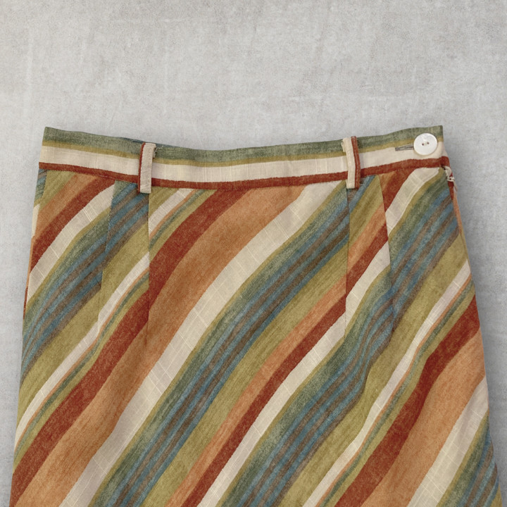 Japanese Vintage Slim Multicolor Striped Linen Blend Maxi Skirt A Line Retro