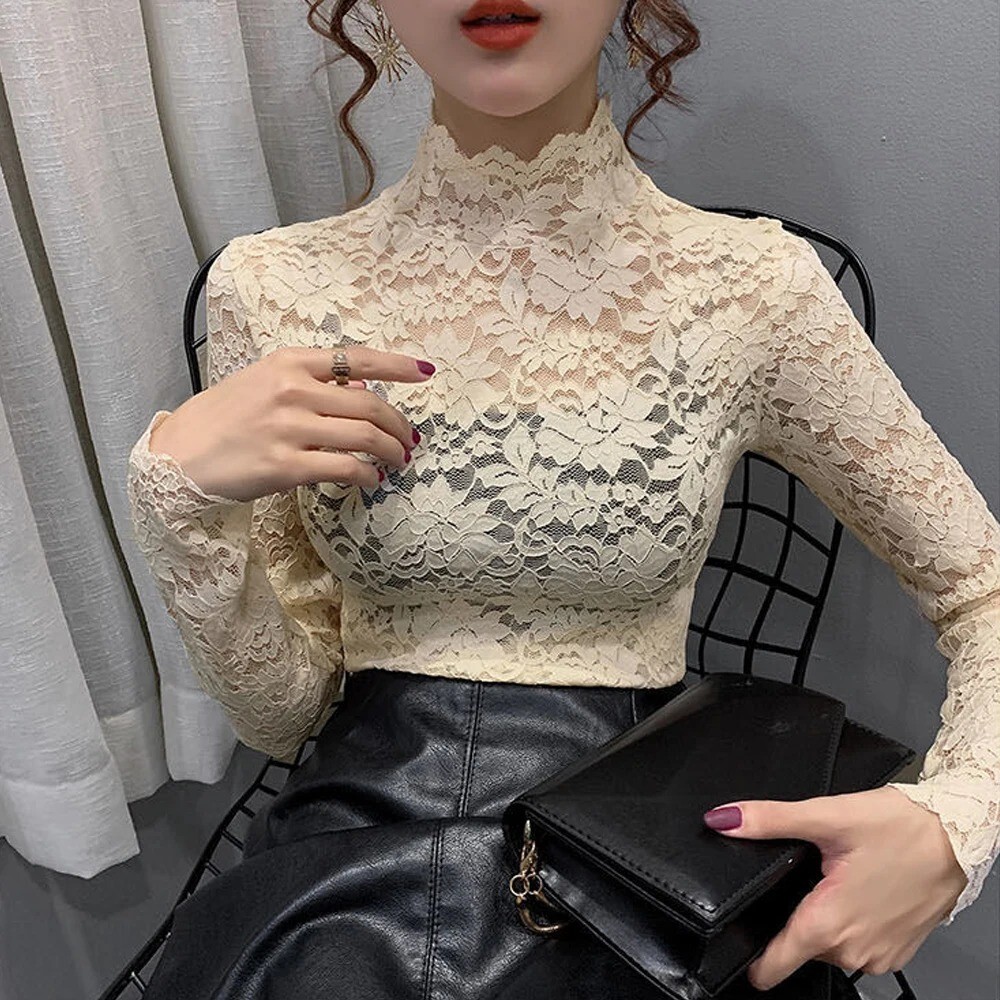 Women Lace Long Puff Sleeve Top Stretch Solid Turtleneck Blouse Casual