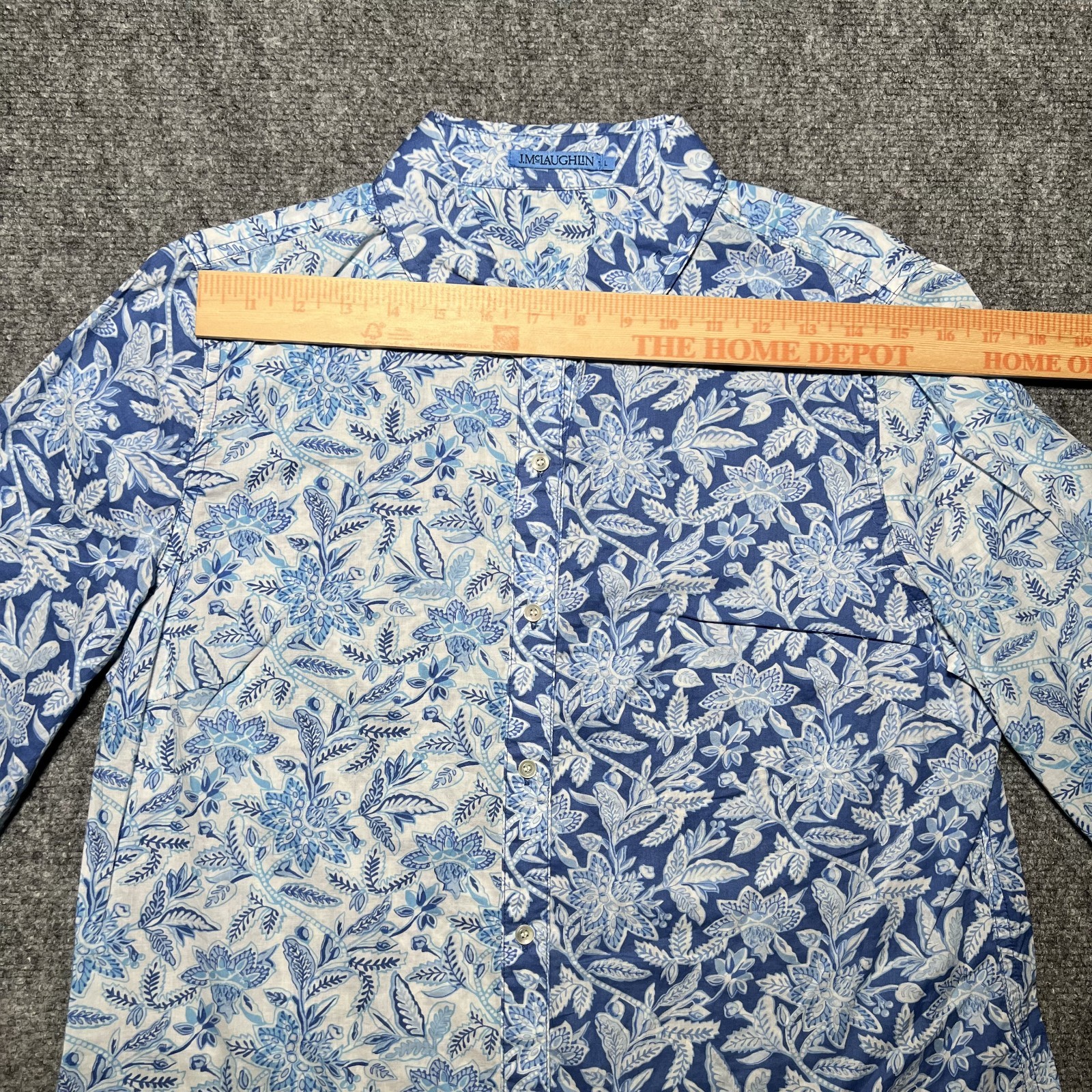 J McLaughlin Floral Button Front Shirt Womens Large Blue Cotton Top Long Sleeve