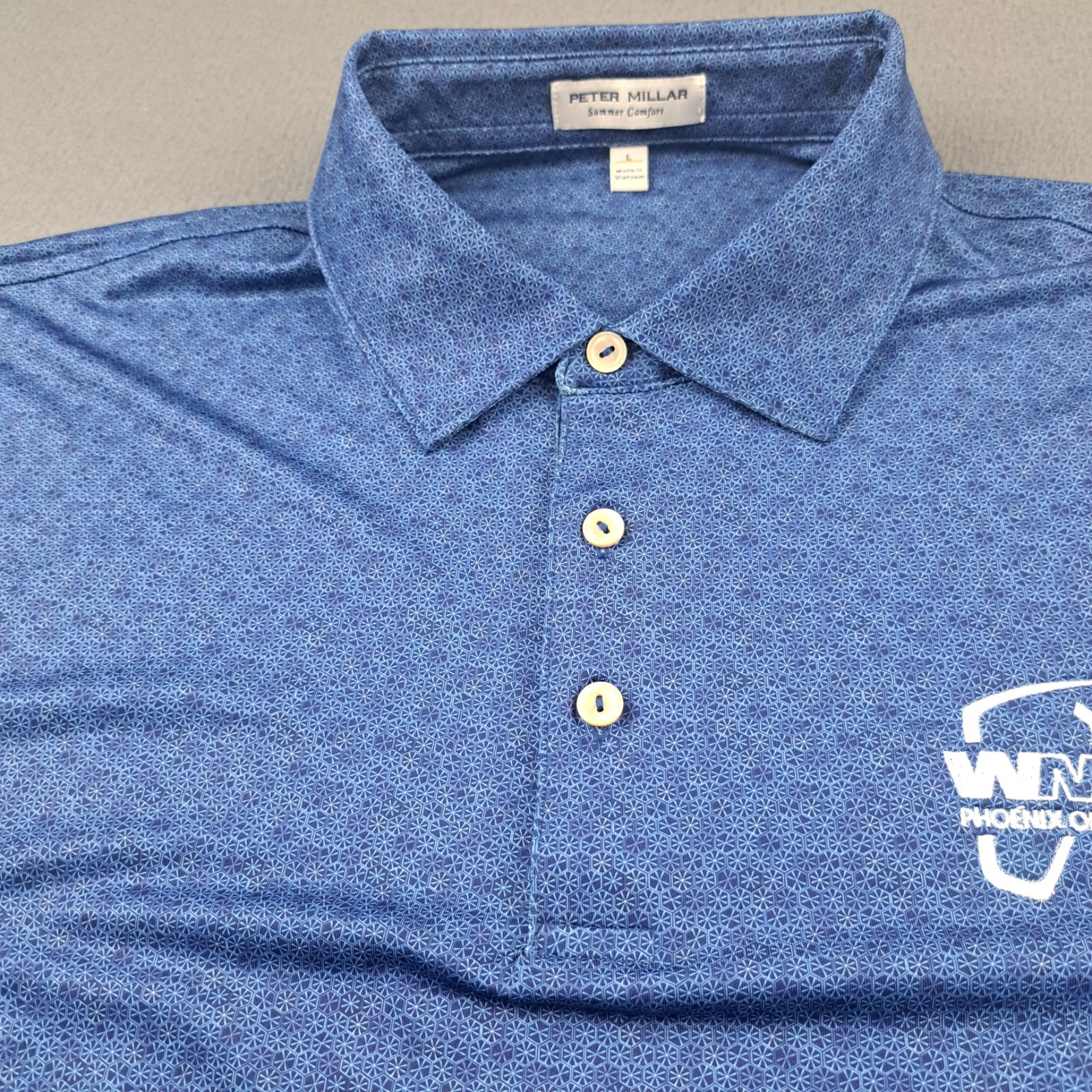 Peter Millar Summer Comfort Polo Size Large Blue Waste Management Open Geometric