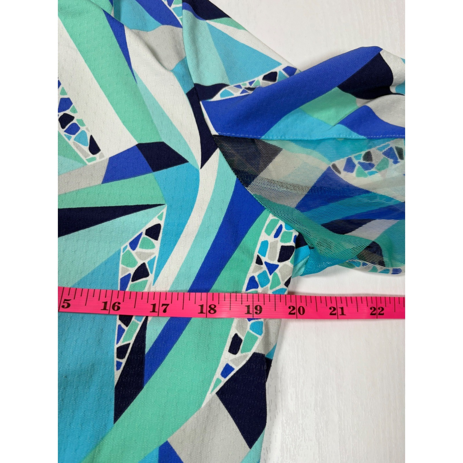 IBKUL Briana Long Sleeve Mock Neck Top Sun Shirt Blue Geometric Mosaic UPF 50 L