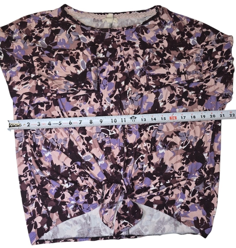 Cupio Women’s Floral 3/4 Sleeve Knit Top Size L Pink Purple Black Stretch Blouse