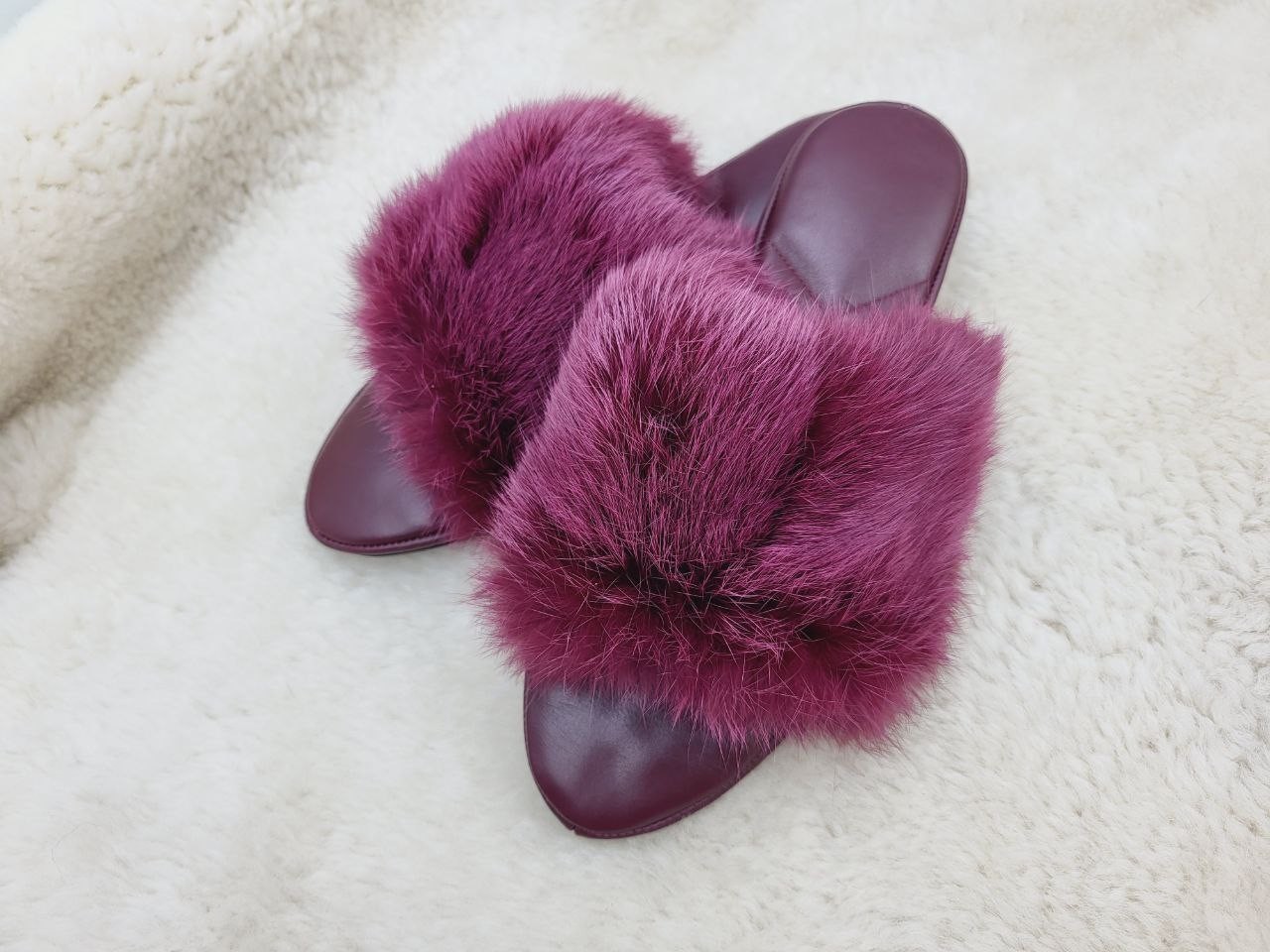 Purple Rabbit Fur Slippers for Women,EU40 Genuine Fur Home Shoes, Gift for women