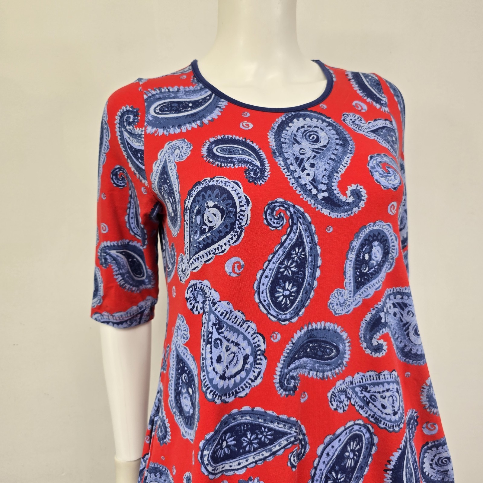 Ana Clare Dress Mini A-Line Shift Paisley Red Short Sleeve Pockets Preppy Size M